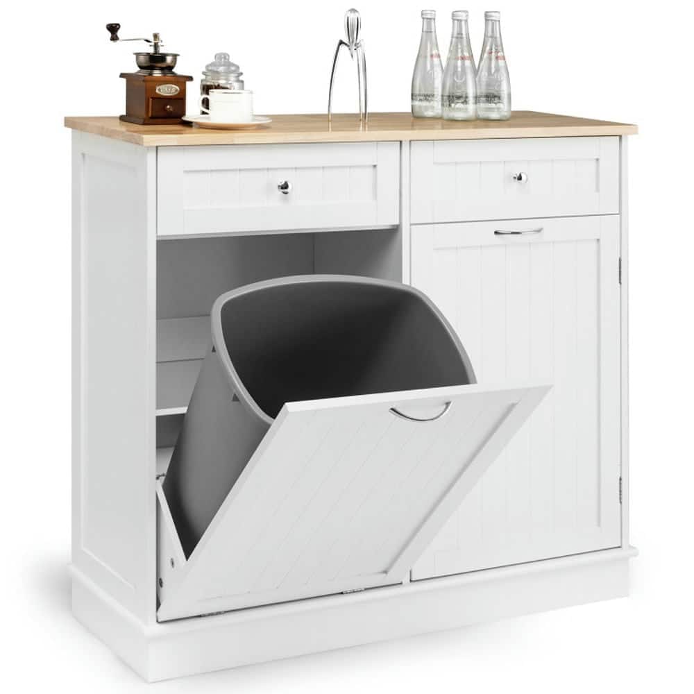 Pefilos - Rubber Wood Kitchen Trash Cabinet, Sideboard with Single Trash Can Holder and Adjustable Shelf, Cabinet for Indoor - White
