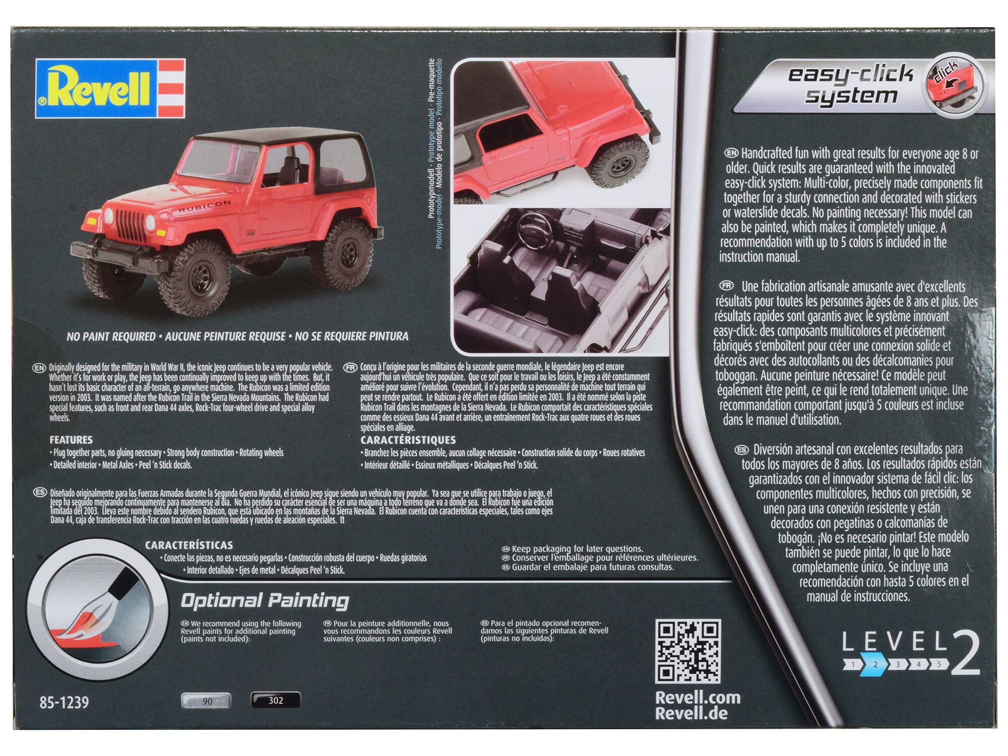 **Revell**

**NO PAINT REQUIRED • AUCUNE PEINTURE REQUISE • NO SE REQUIERE PINTURA**

Originally designed for the military in World War II, the iconic jeep continues to be a very popular vehicle. The Rubicon was a limited edition version in 2003. It was named after the Rubicon Trail in the Sierra Nevada Mountains. The Rubicon had special features, such as front and rear Dana 44 axles, Rock-Trac four-wheel drive and special alloy wheels.

**FEATURES**
- Plug together parts, no glue necessary • Strong body construction • Rotating wheels
- Detailed interior • Metal Axles • Peel 'n Stick decals

**CARACTERÍSTICAS**
- Conecte las piezas, no es necesario pegar • Construcción robusta • Ruedas giratorias
- Interior detallado • Ejes de metal • Decalques Peel 'n Stick

**Optional Painting**
We recommend using the following Revell paints for additional painting (paints not included):

**easy-click system**

Handcrafted fun with great results for everyone 8 or older. Quick results are guaranteed with the innovative easy-click system: Multi-color, precisely made components fit together for