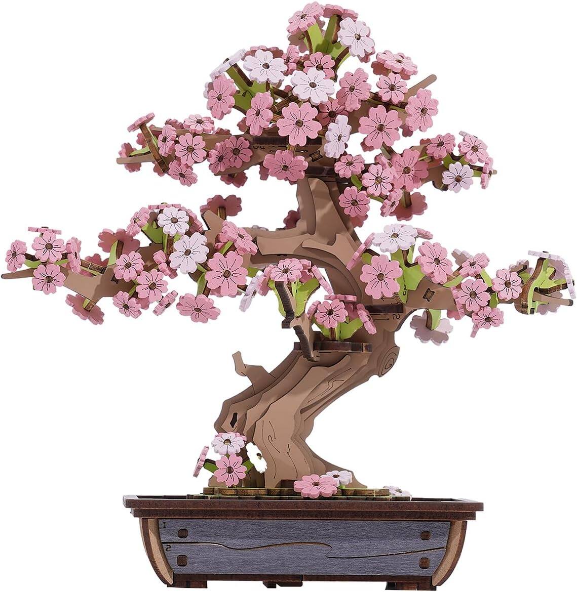 Robotime - Rolife 3D Wooden Puzzle Flower for Adults, DIY Sakura Bonsai Tree Plants for Home Table Decor, Creative Cherry Blossom - Brown