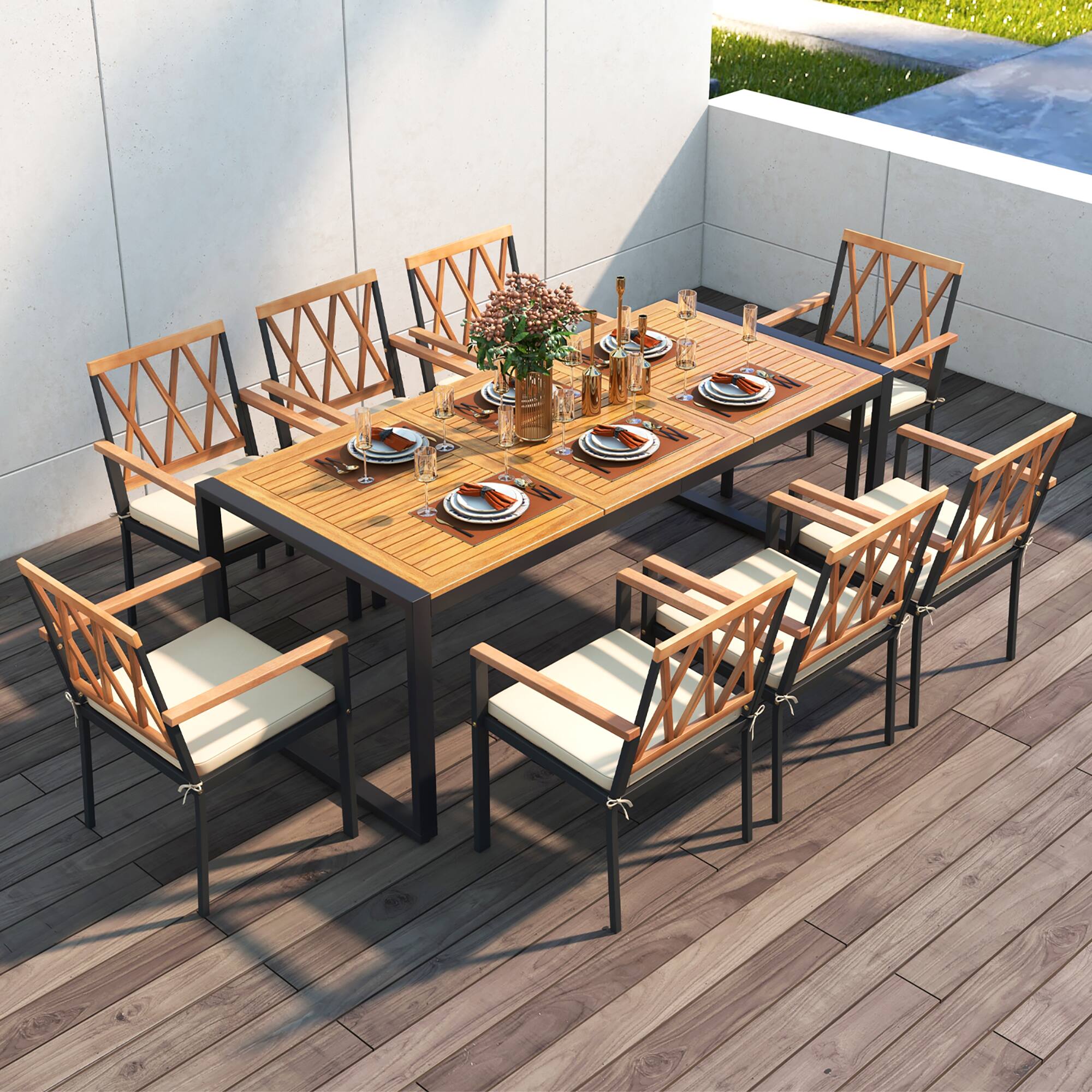 Alt View 1. Gymax - Gymax 9 Pieces Patio Dining Set w/ Soft Cushions and 1.9'' Umbrella Hole for Garden - Natural, Black.