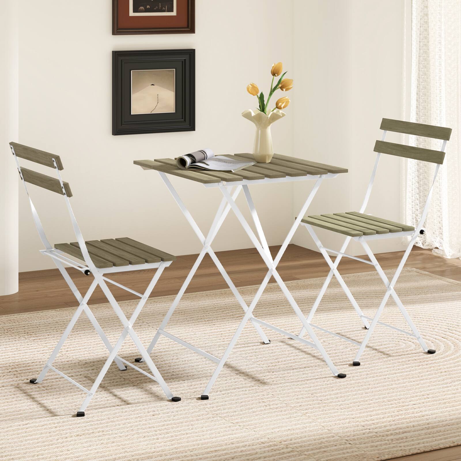 Alt View 8. Costway - Costway 3 PCS Patio Acacia Wood Bistro Set Bistro Table with 2 Folding Chairs Slatted Seat - Gray.