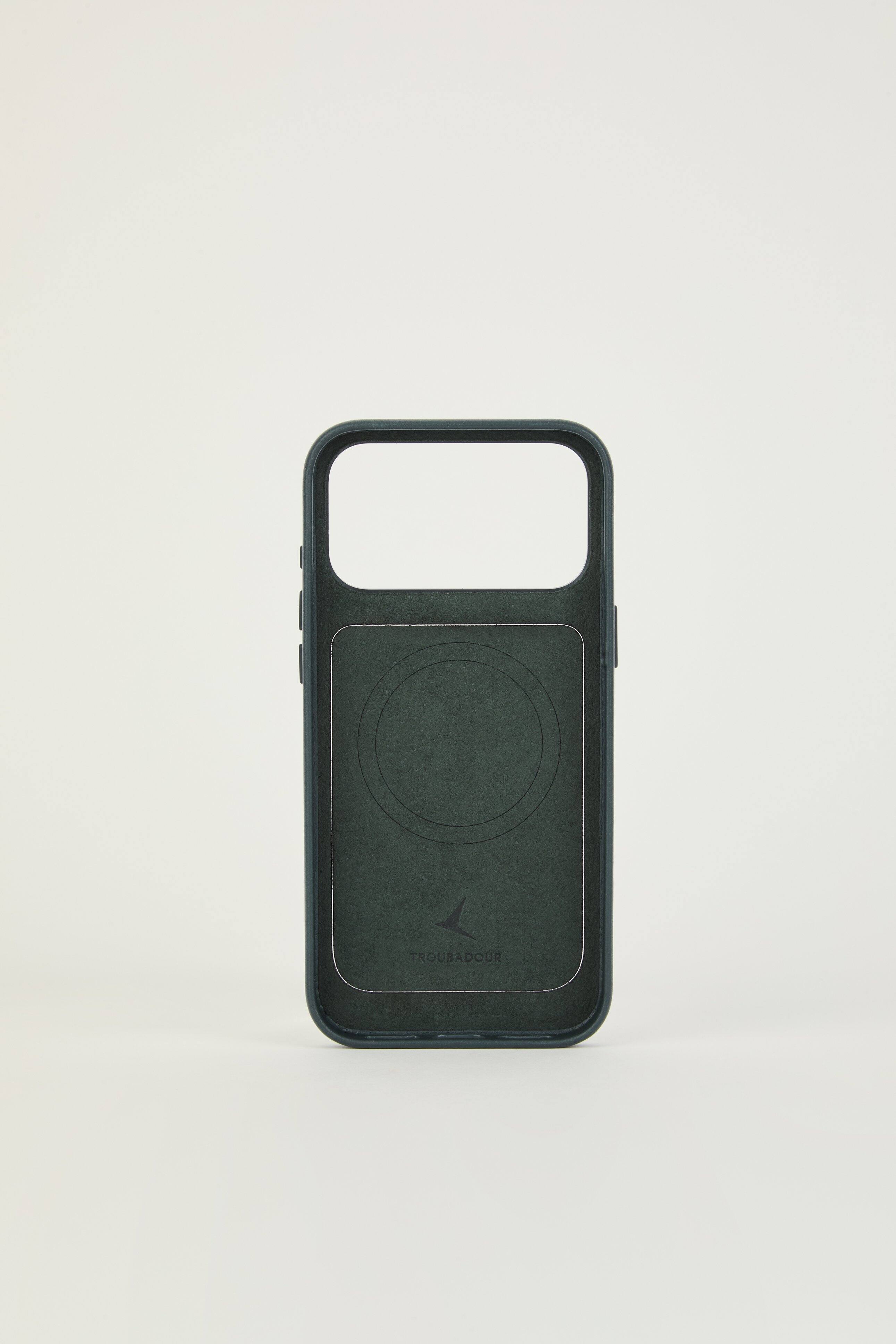 Angle. Troubadour - iPhone 18 Pro Max Modular Leather Case - Obsidian Green.