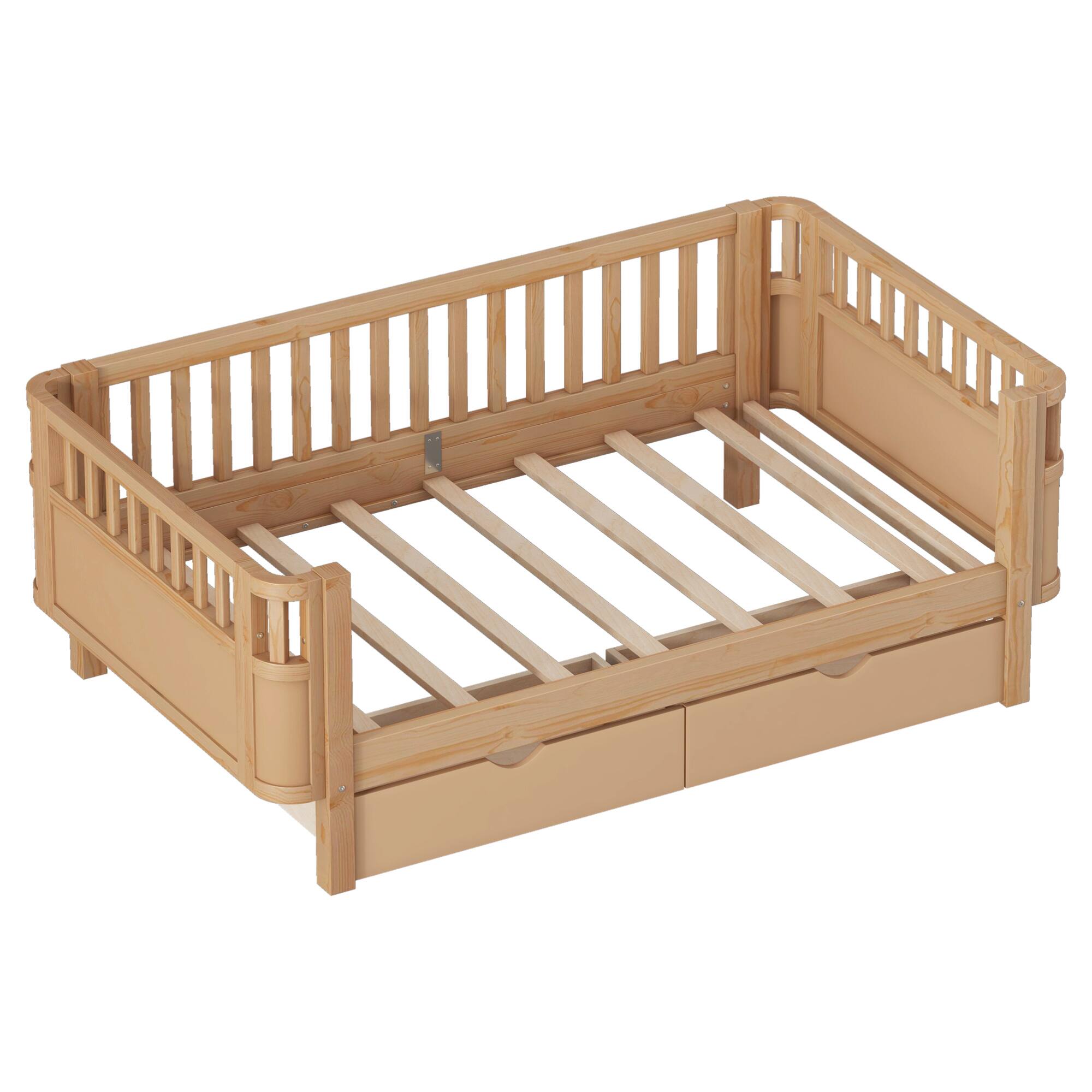 Alt View 1. GOODSILO - Twin Size Wood Platform Bed with Safety Rails for Kids, Low Profile Design with Storage Drawers and Modern Style - Natural.
