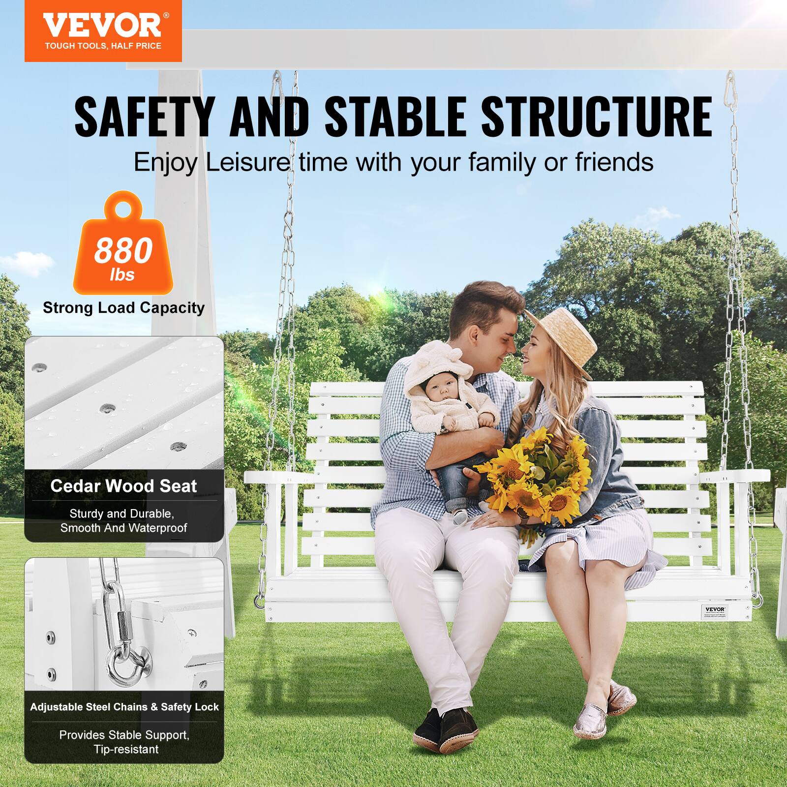 VEVOR TOUGH TOOLS, HALF PRICE

SAFETY AND STABLE STRUCTURE

Enjoy leisure time with your family or friends

880 lbs Strong Load Capacity

Cedar Wood Seat: Sturdy and Durable, Smooth and Waterproof

Adjustable Steel Chains & Safety Lock: Provides Stable Support, Tip-resistant