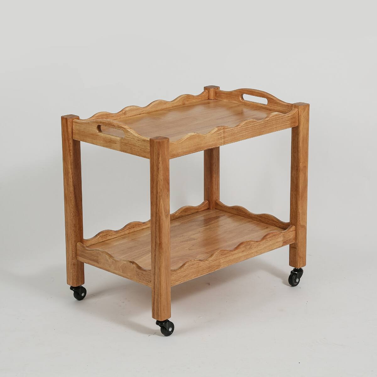 Alt View 1. Loheer - Loheer solid rubberwood rolling side table, two tier, natural wood - Natural Wood.
