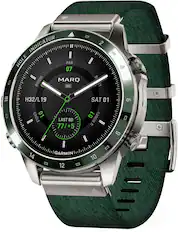 The text on the image reads: "INDICATOR 2 HOLE II PAR II 07 = B BIRDIE MARQ EY 0 18 9 H32/L19 19 SAT 01 EAGLE 01 01 BOGEY II LAST RD D = 77/+5 Il II 0 GARMIN 14 10 - - 12 8 9 R." This text is likely related to the watch's features or functions, such as the indicator for the number of holes played, the par for the hole, or the last round's score.