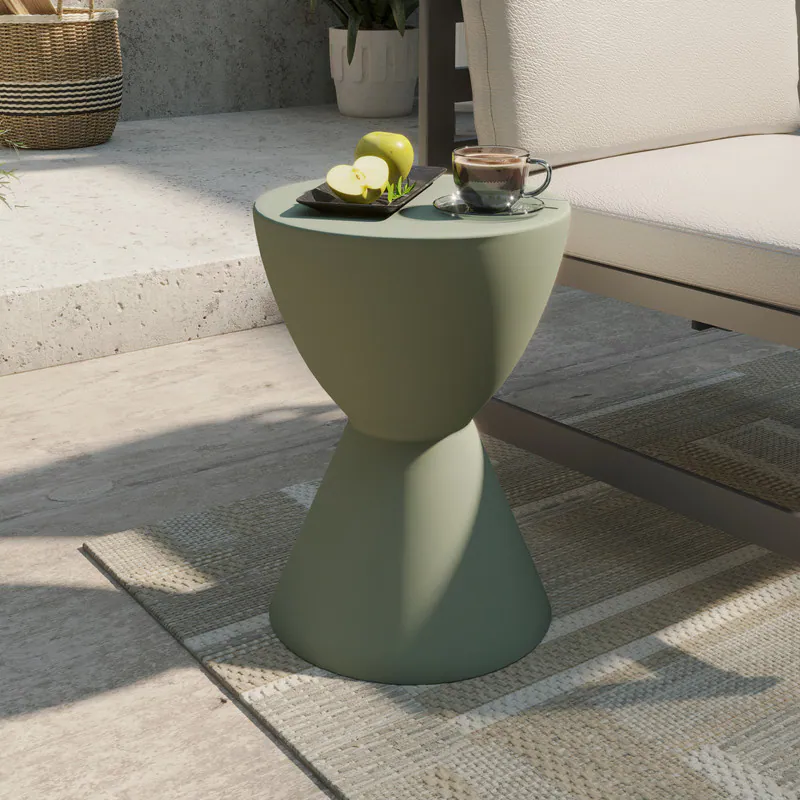 Left. LeisureMod - Loft Fiberstone Hourglass Side Table, Weather Resistant Indoor/Outdoor Pedestal Accent Table - Moss Grey.