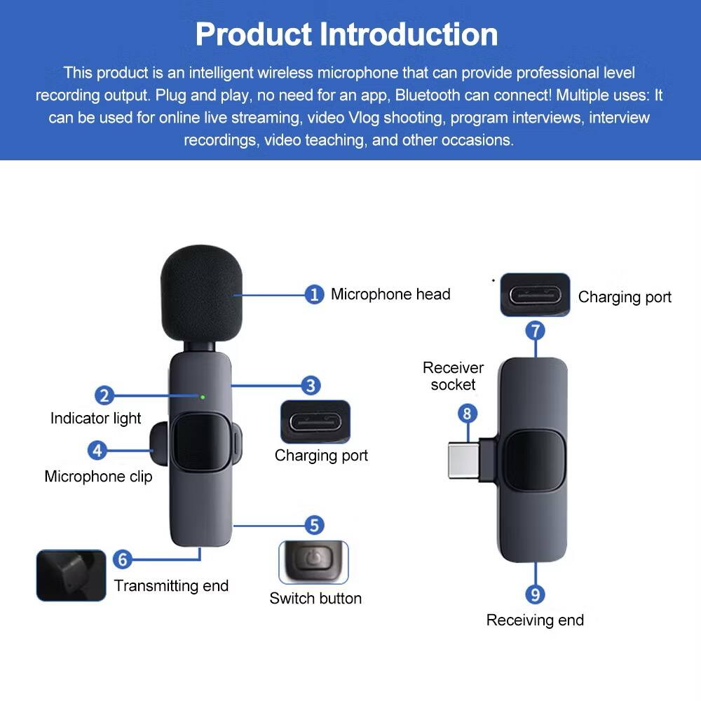 Product Introduction

This product is an intelligent wireless microphone that can provide professional level recording output. Plug and play, no need for an app, Bluetooth can connect! Multiple uses: It can be used for online live streaming, video Vlog shooting, program interviews, interview recordings, video teaching, and other occasions.

1. Microphone head
2. Indicator light
3. Microphone clip
4. Charging port
5. Transmitting end
6. Switch button
7. Charging port
8. Receiver socket
9. Receiving end