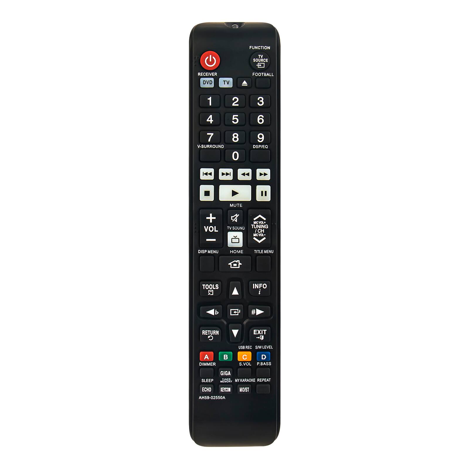 FUNCTION TV SOURCE RECEIVER DVD TV FOOTBALL 1 2 3 4 5 6 7 8 9 0 SURROUND 0 3 6 9 OSP/EO |44 | 4 " + VOL - MUTE o - TV SOUND TUNING ICH KCYO- DESP MINU HOME BELE MENU TOOLS 5 INFO i # RETURN C EXIT -U A DIMMER B USBREC SWLEVEL C D S.VOL P.BASS GIGA SLEEP JO MYKARAOKE REPEAT ECHO NCON AH59-02550A WOIST