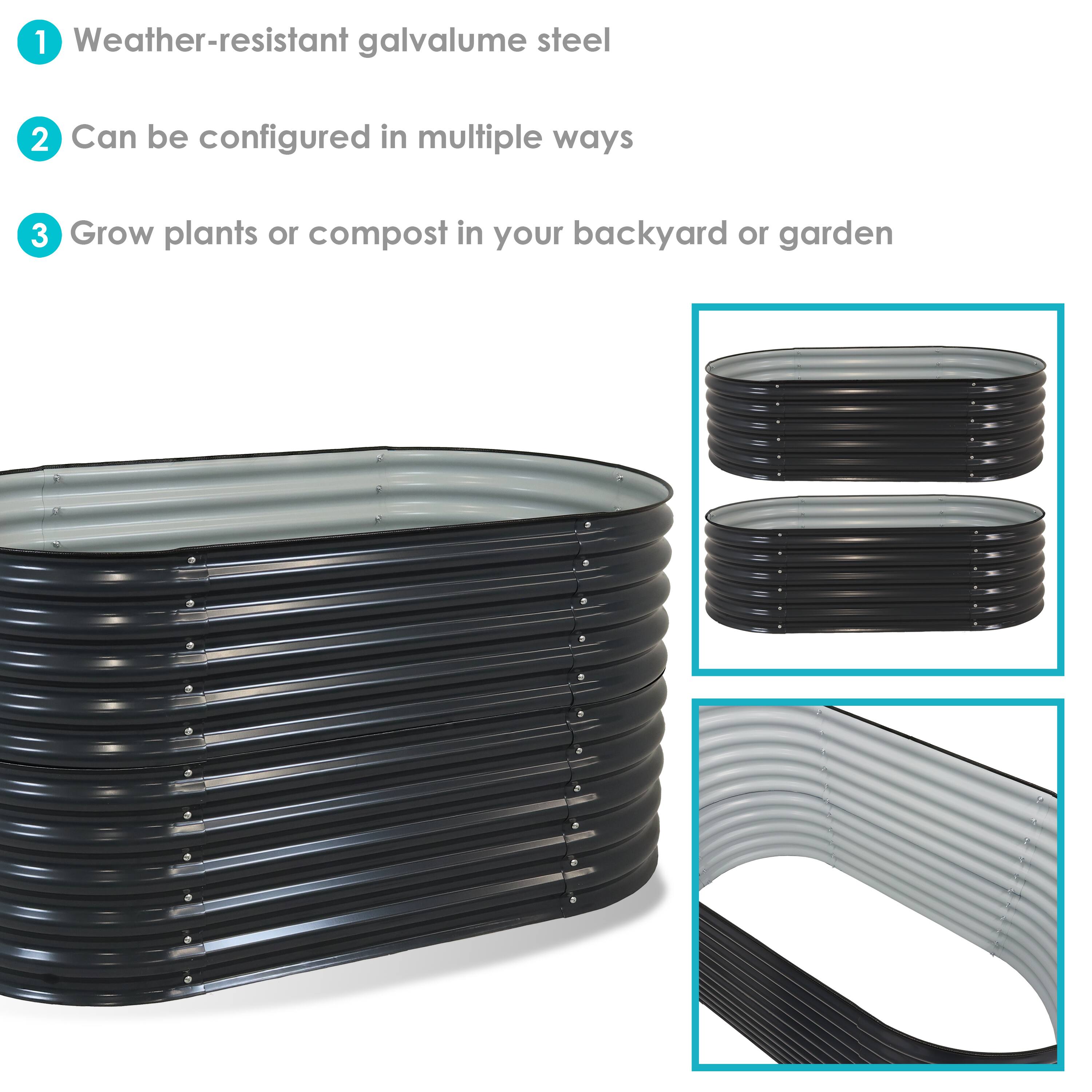 1. Weather-resistant galvalume steel  
2. Can be configured in multiple ways  
3. Grow plants or compost in your backyard or garden