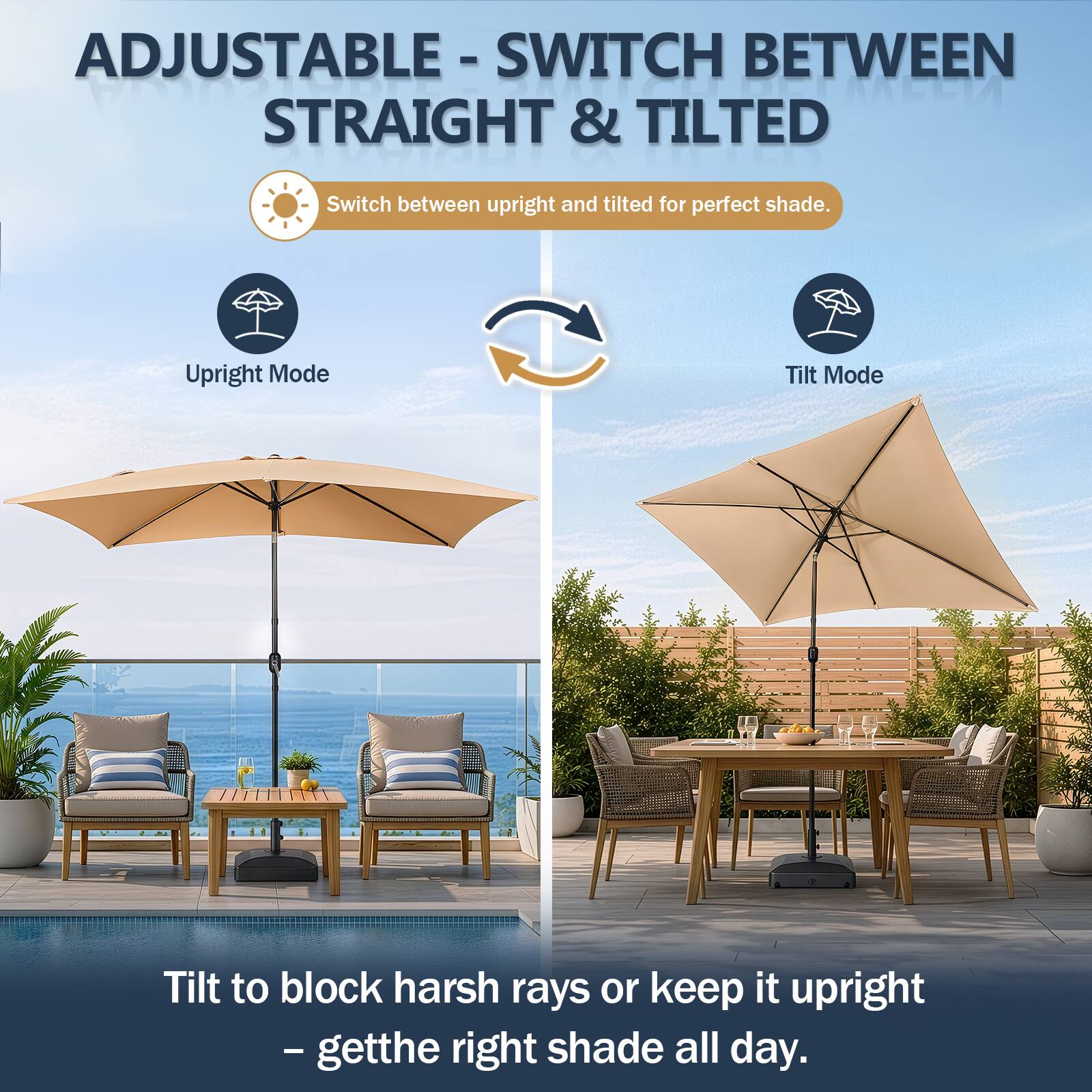 ADJUSTABLE - SWITCH BETWEEN STRAIGHT & TILTED

Switch between upright and tilted for perfect shade.

Upright Mode

Tilt Mode

Tilt to block harsh rays or keep it upright - get the right shade all day.