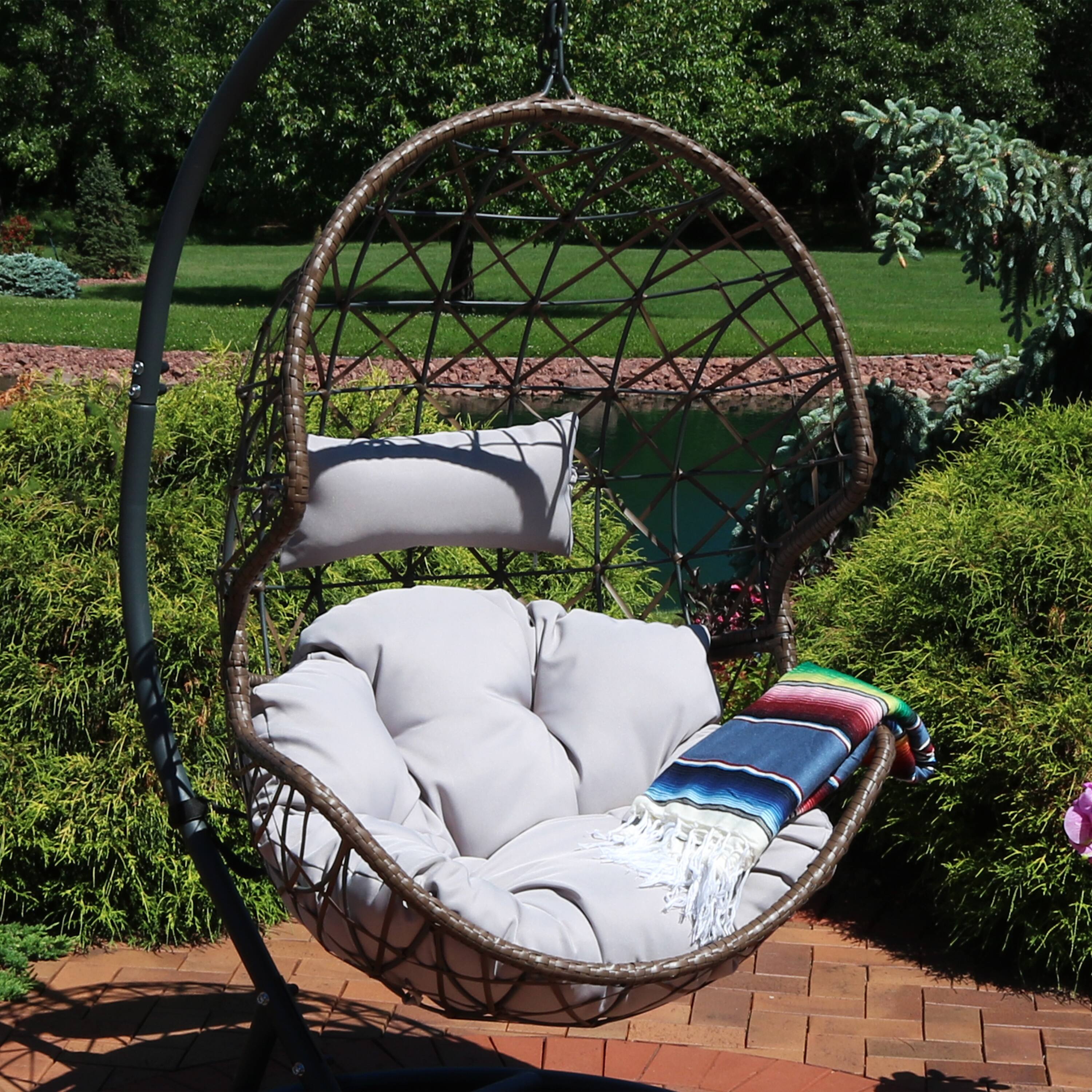 Alt View 3. Sunnydaze - Brown Resin Wicker Basket Hanging Egg Chair with Cushions - Gray Cushions.