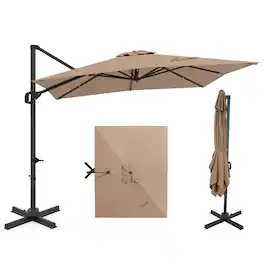 Costway - 11 x 9 FT Cantilever Patio Umbrella with 360° Rotation Easy Tilt Adjustment 8 Ribs - Tan