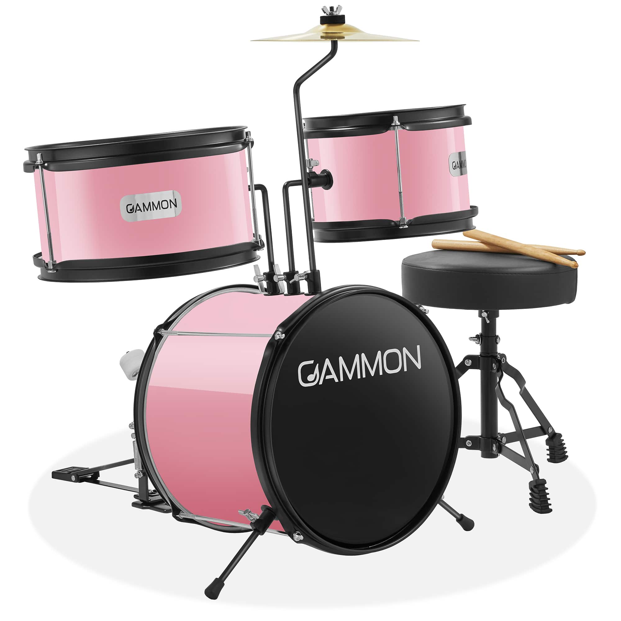 Gammon Percussion - 3pc Junior Drum Set - Beginner Kit with Throne - Cymbal - Drumsticks - Pink