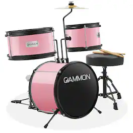 Gammon Percussion - 3pc Junior Drum Set - Beginner Kit with Throne - Cymbal - Drumsticks - Pink