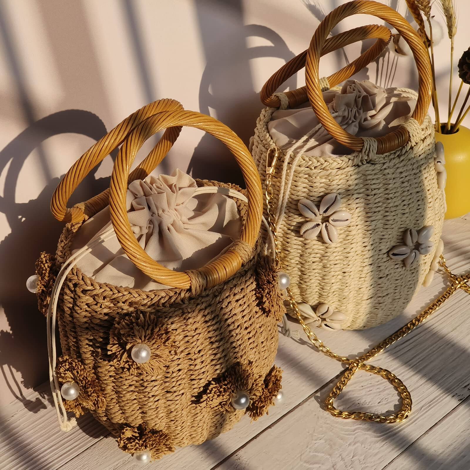 Alt View 3. Fabibe - Flower Pearls Rattan Tote Bag Summer Beach Drawstring Straw Bucket Woven Handbag - J Beige.