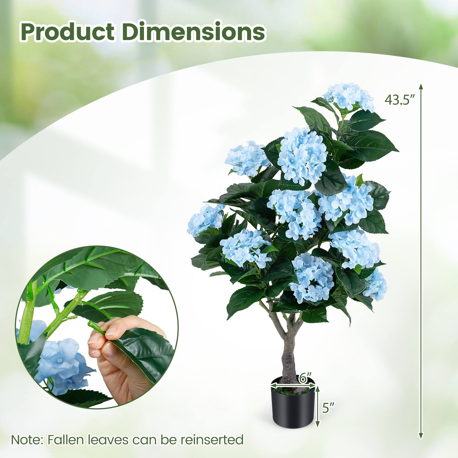 Product Dimensions: 43.5" x 6" x 5"  
Note: Fallen leaves can be reinserted