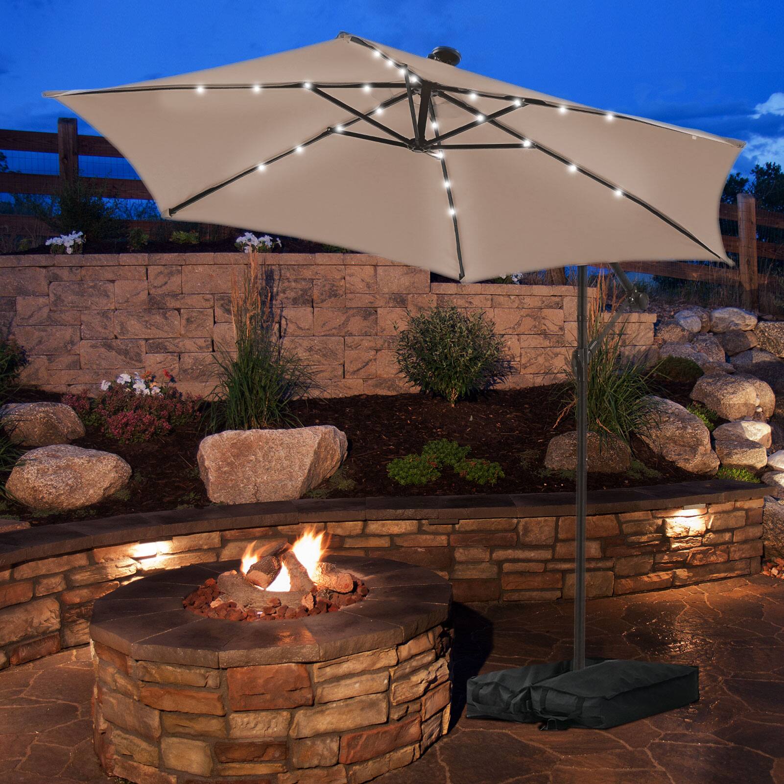 Angle. Ainfox - Ainfox 10FT Solar LED Outdoor Patio Yard Offset Umbrella with Cross Base for Market,Garden,Deck,Backyard,Pool,with light - Khaki.