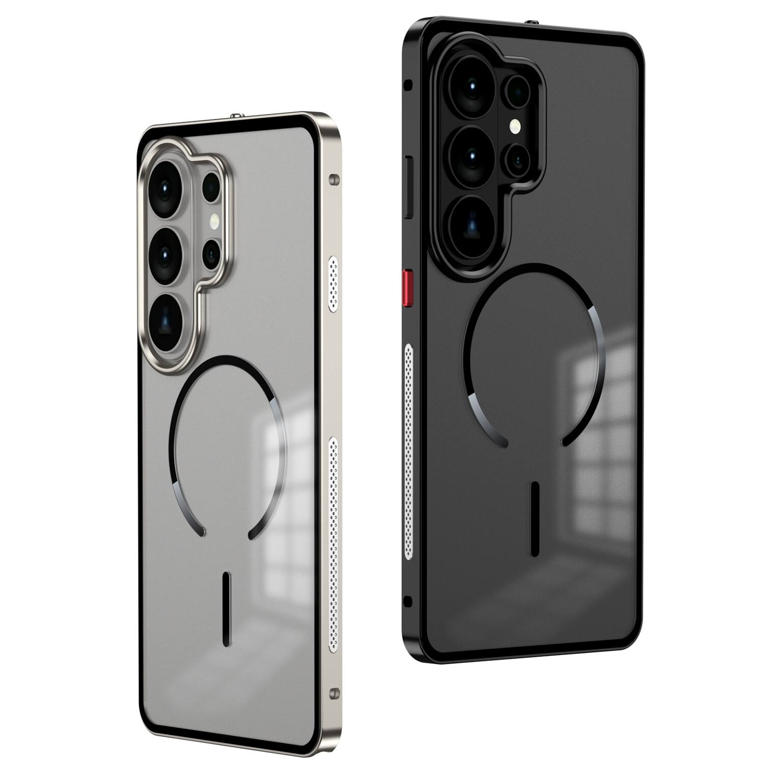 Left. Dteck - Magnetic Aluminum Bumper Case for Samsung Galaxy S26 Ultra, Slim Shockproof Translucent Matte Cover with Buckle Lock - Silver.