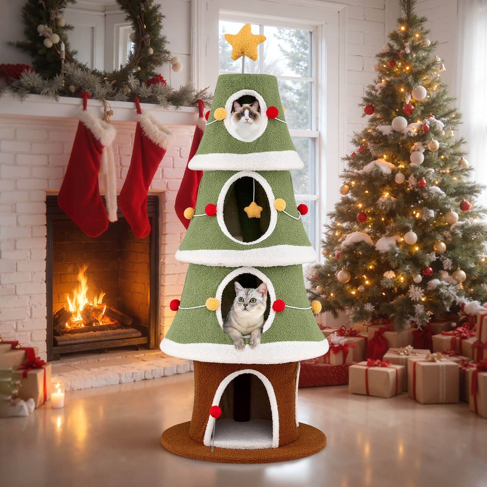 Alt View 1. Costway - Costway 61"Large Christmas Cat Tree with 4 Condos, Sisal Carpet, Dangling Ball, Spring Toy - Green + White + Brown.