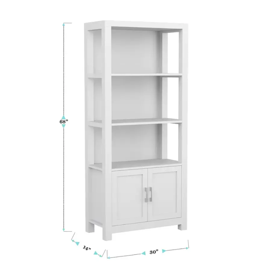 The image shows a white bookshelf with dimensions of 68" x 14" x 30".