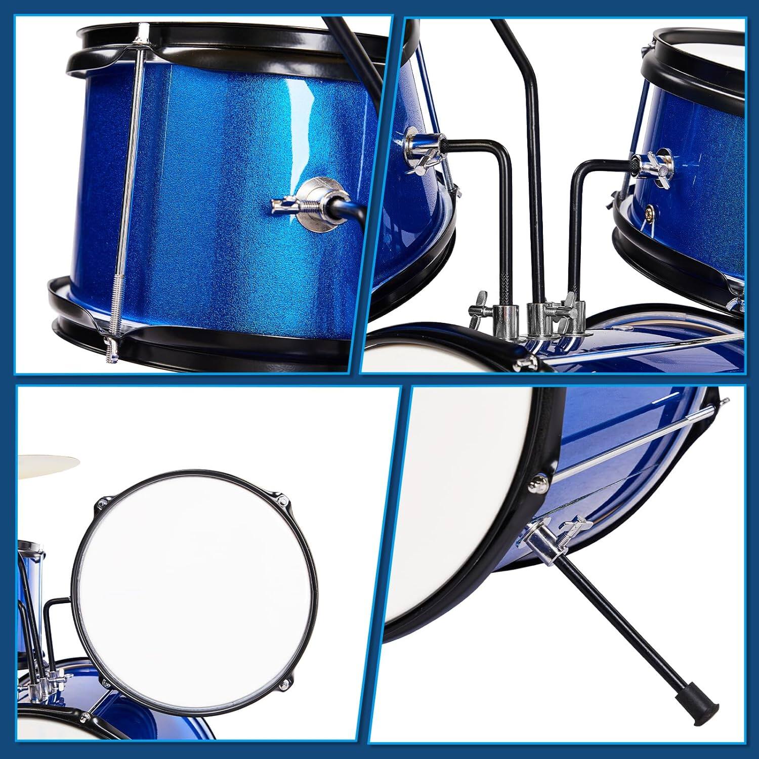 Alt View 2. Winado - 3-Piece Drum Set, 14 Inch Beginners Drums Kit with Throne Stool, Pedal & 2 Pairs of Drumsticks, Junior Drums Set Musical - Blue.