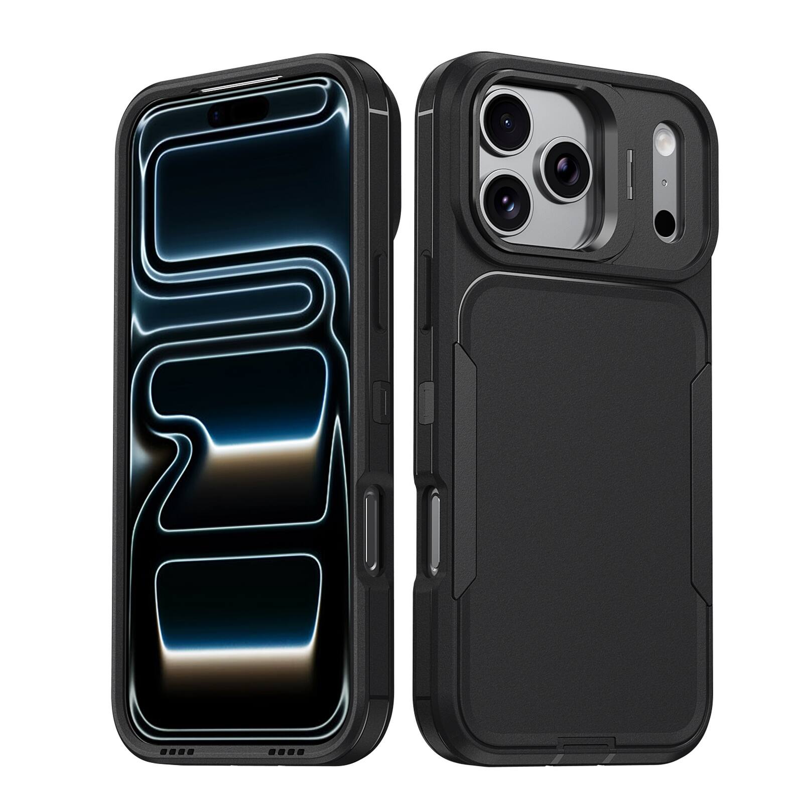 Angle. Dteck - For Apple iPhone 17 Pro Max Rugged Case, Heavy Duty Dual Layer Shockproof Lens Kickstand Drop Protection Cover - Black.