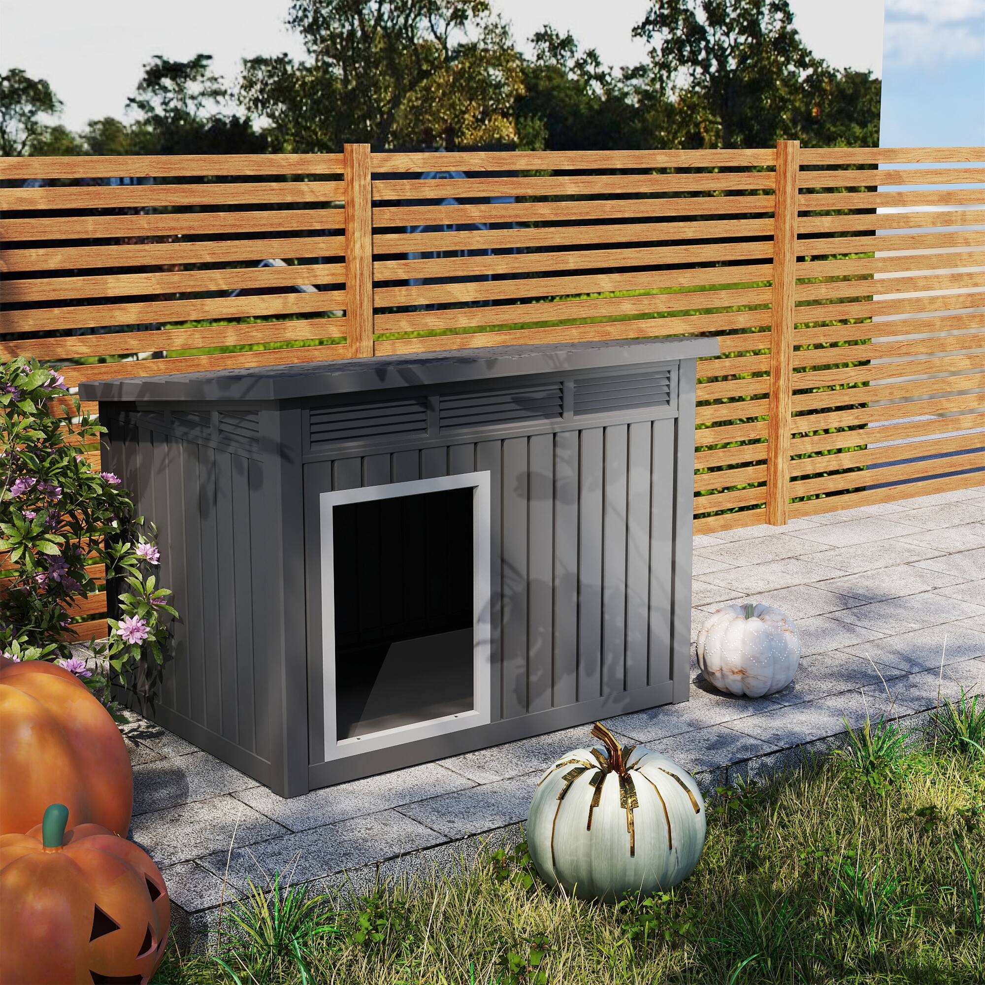 Left. Yardgrace - 204 Large Dog House - Weatherproof, Removable Roof, Louvered Vents, Asphalt Roof, Elevated Base, Indoor/Outdoor Kennel - Black.