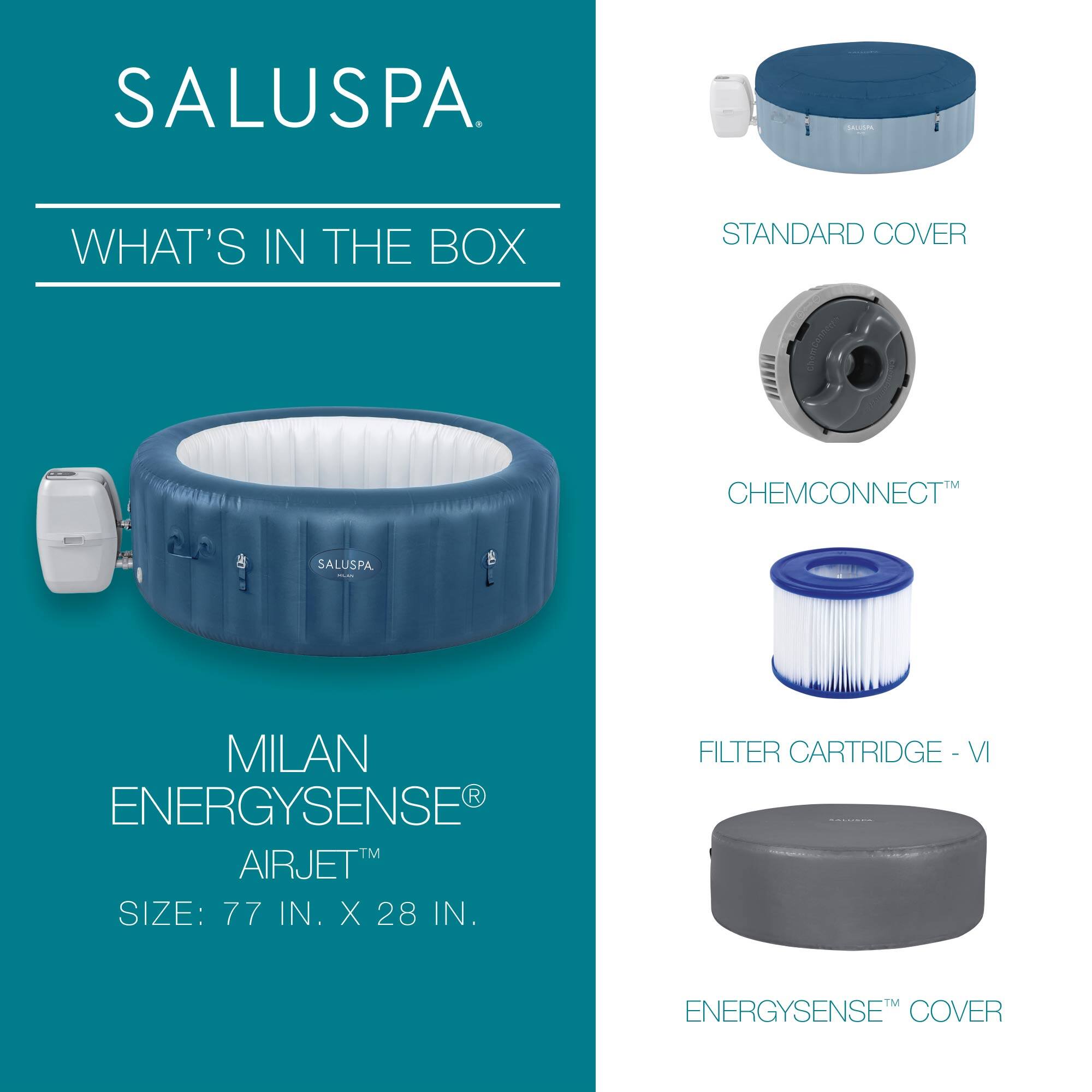 SALUSPA

WHAT'S IN THE BOX

MILAN ENERGYSENSE® AIRJET™  
SIZE: 77 IN. X 28 IN.

STANDARD COVER

CHEMCONNECT™

FILTER CARTRIDGE - VI

ENERGYSENSE™ COVER
