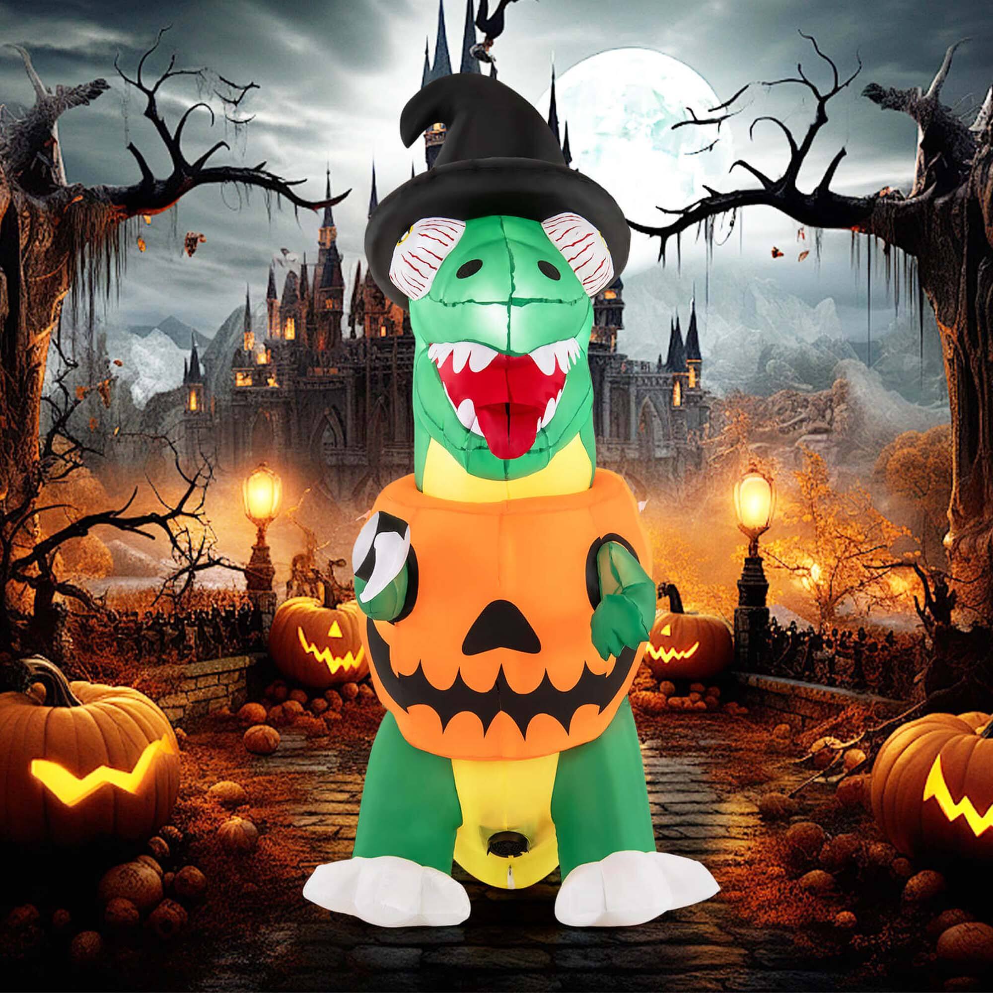 Alt View 4. Costway - Costway 6 FT Inflatable Pumpkin Dinosaur with Built-in LED Lights & Witch Hat Stakes - Green.