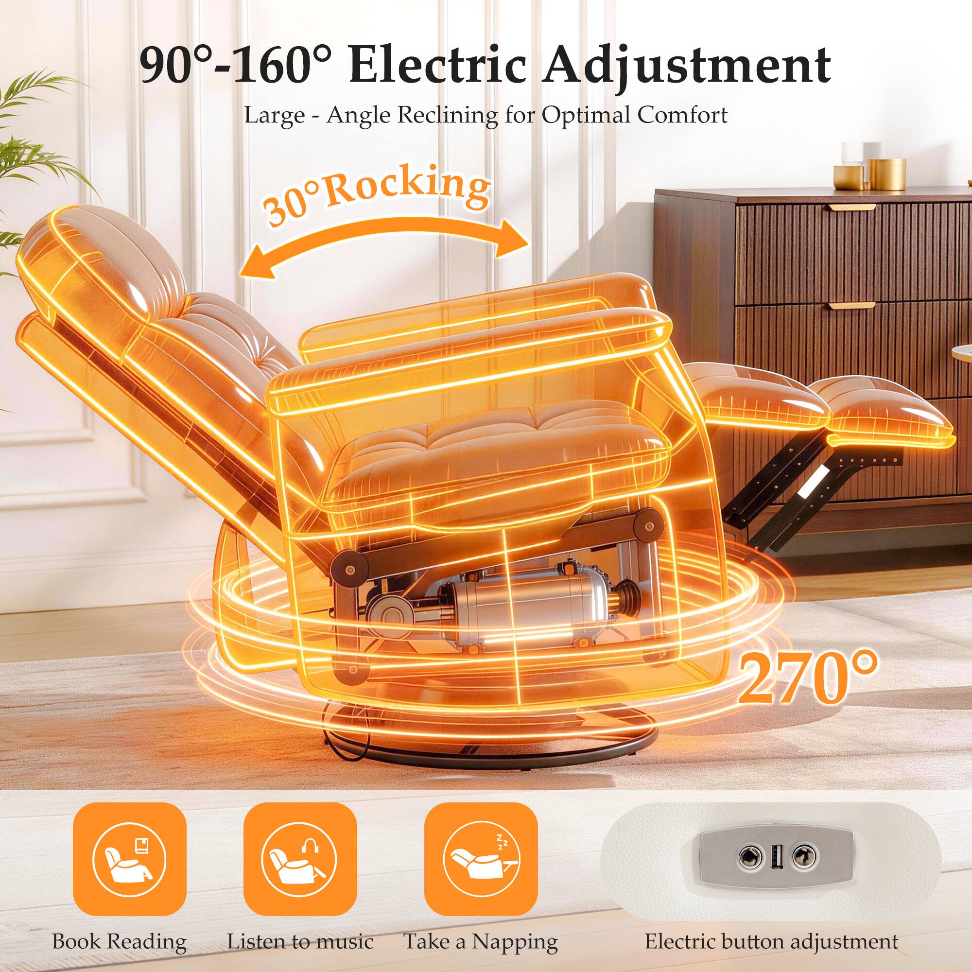 90°-160° Electric Adjustment  
Large - Angle Reclining for Optimal Comfort  
30° Rocking  
270°  
Book Reading  
Listen to music  
Take a Napping  
Electric button adjustment