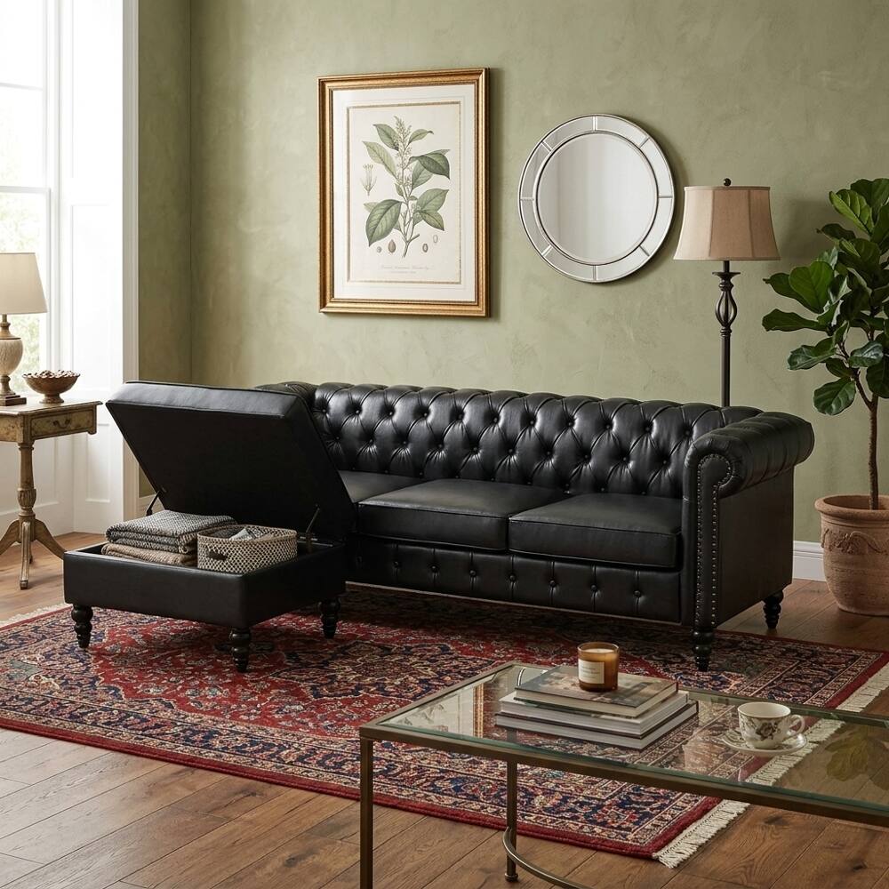 Angle. Loheer - Loheer 85 Inch L-Shaped Sectional Sofa 4-Seater PU Leather Couch with Storage Ottoman - Black.