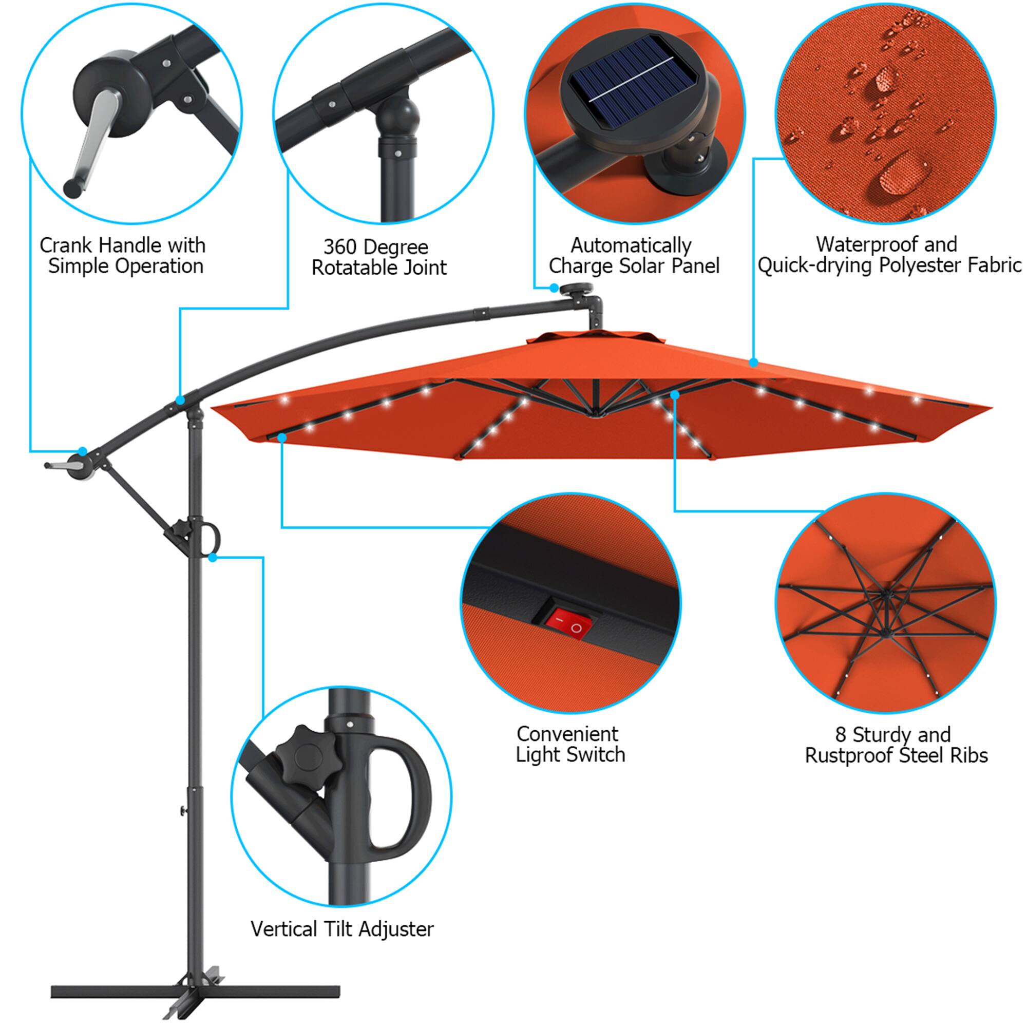 Crank Handle with Simple Operation, 360 Degree Rotatable Joint, Automatically Waterproof and Charge Solar Panel, Quick-drying Polyester Fabric, Convenient Light Switch, 8 Sturdy and Rustproof Steel Ribs, Vertical Tilt Adjuster