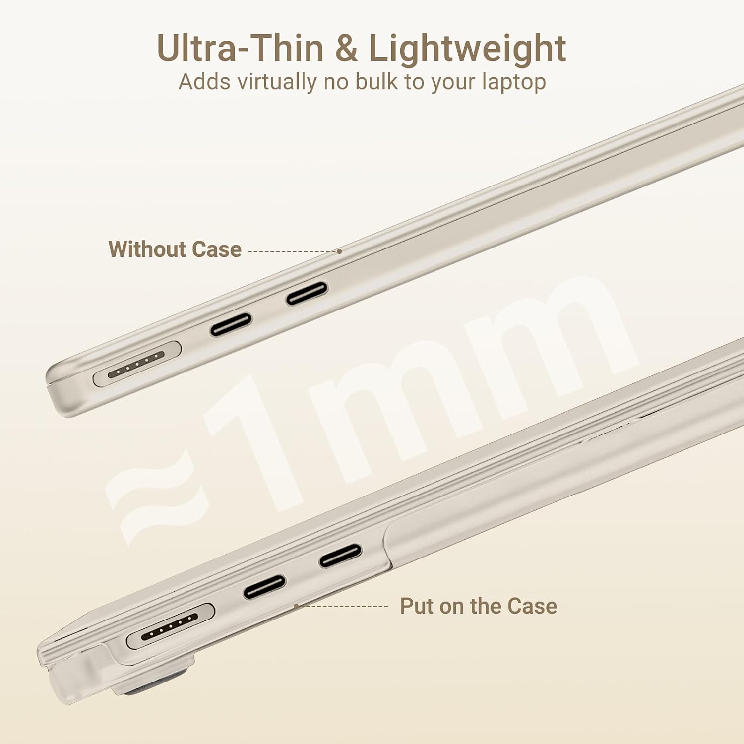 Ultra-Thin & Lightweight  
Adds virtually no bulk to your laptop  

Without Case  
~1mm  

Put on the Case