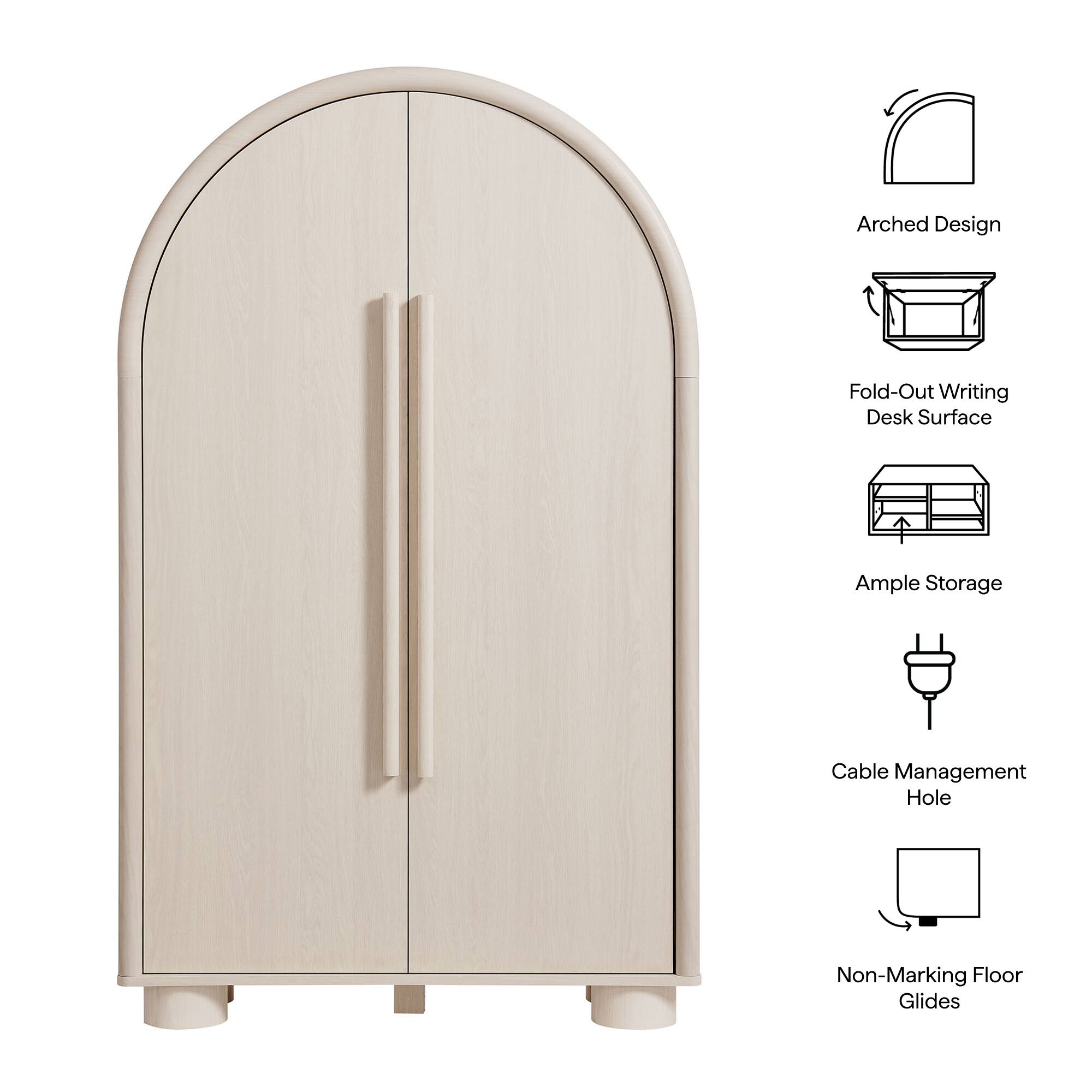 Arched Design  
Fold-Out Writing Desk Surface  
Ample Storage  
Cable Management Hole  
Non-Marking Floor Glides