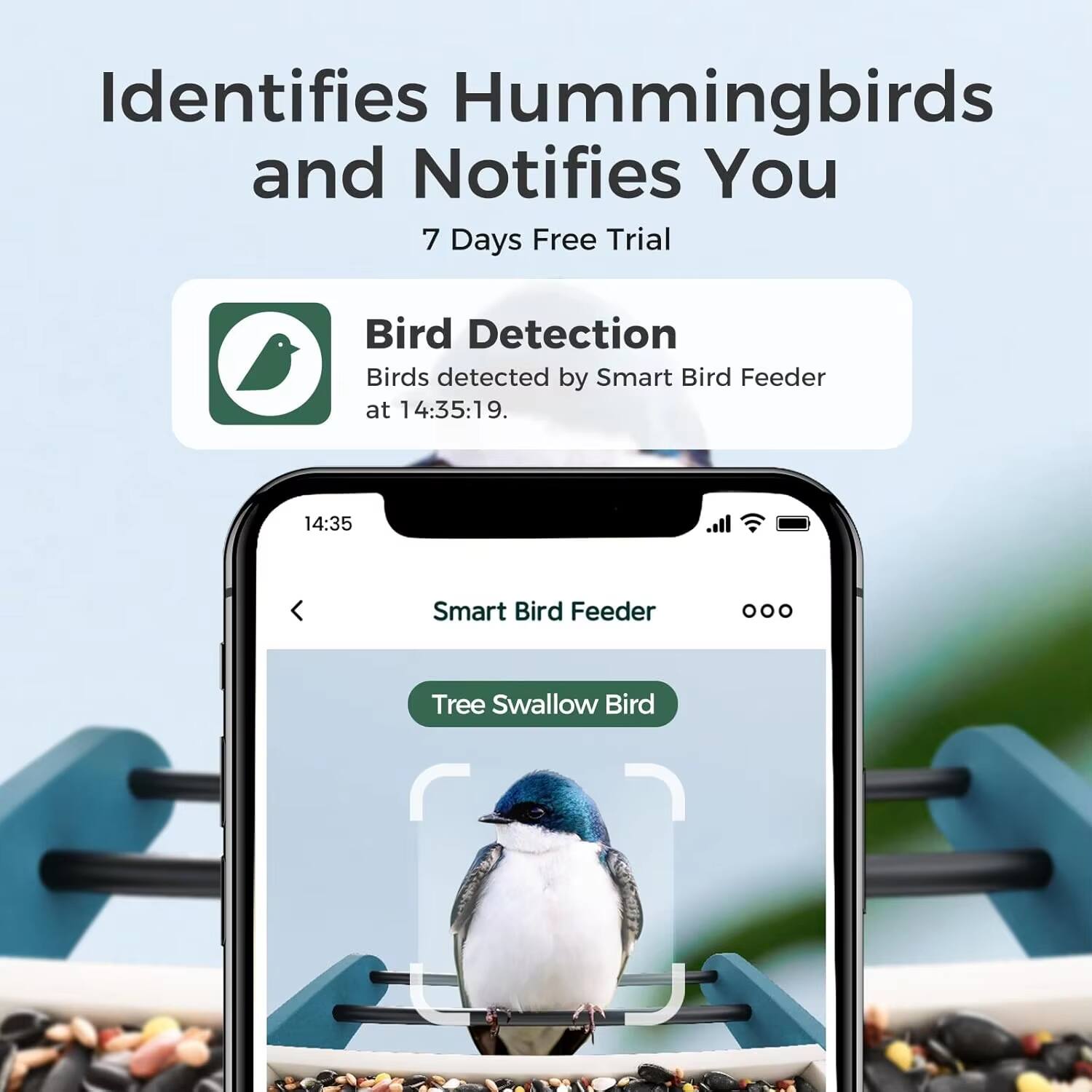 Identifies Hummingbirds and Notifies You  
7 Days Free Trial  

Bird Detection  
Birds detected by Smart Bird Feeder at 14:35:19.  

Smart Bird Feeder  
Tree Swallow Bird