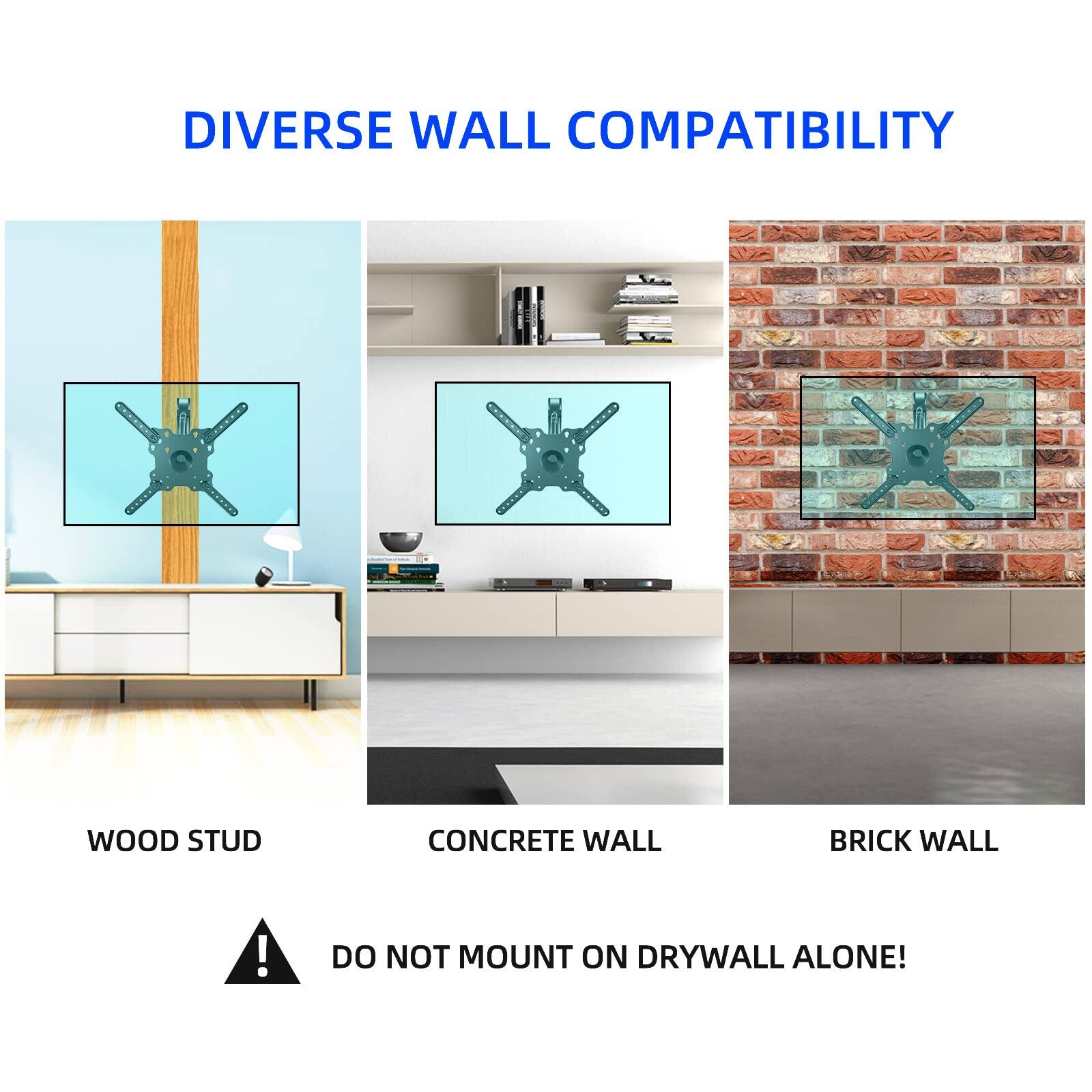 DIVERSE WALL COMPATIBILITY

WOOD STUD  
CONCRETE WALL  
BRICK WALL  

DO NOT MOUNT ON DRYWALL ALONE!