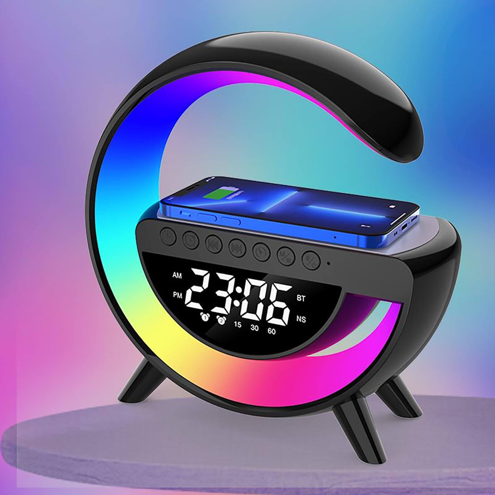 Front. Comfort Essence - Wireless Charging Table Lamp Multifunctional & Alarm Clock - Led Bedside Desk Night Light For Heavy Sleepers - Black.