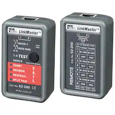 IDEAL LinkMaster 1 8 1-2 F10BASE-T 3-6 BATT LOW TOKEN RING 4-5 7-8 TEST SHIELD HOLD FOR DEBUG SHORT MISWIRE SPLIT REVERSAL PAIR FAIL Cat. No. 62-200 CE US Pat. 6.002.247
IDEAL LinkMaster TM 1 8 u 1-2 4-5 5 7-8 3-6 RJ-45 WIRING PIN STDS 62-200 # T568A T568B 1 W-GRN W-ORG No. 2 GRN ORG Cat. 3 W-ORG W-GRN 4 BLU BLU 5 W-BLU W-BLU 6 ORG REMOTE 7 8 W-BRN BRN W-BRN GRN BRN PAIR1 BLU PAIR3=GRN PAIR2=ORG PAIR4=BRN