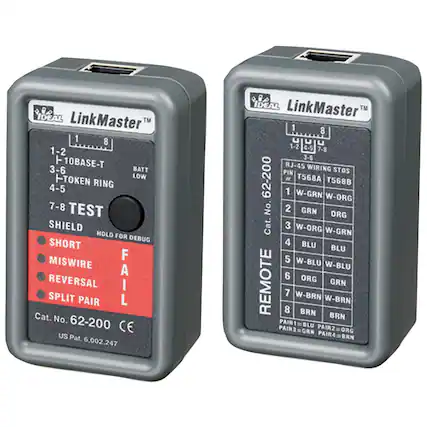 IDEAL LinkMaster 1 8 1-2 F10BASE-T 3-6 BATT LOW TOKEN RING 4-5 7-8 TEST SHIELD HOLD FOR DEBUG SHORT MISWIRE SPLIT REVERSAL PAIR FAIL Cat. No. 62-200 CE US Pat. 6.002.247
IDEAL LinkMaster TM 1 8 u 1-2 4-5 5 7-8 3-6 RJ-45 WIRING PIN STDS 62-200 # T568A T568B 1 W-GRN W-ORG No. 2 GRN ORG Cat. 3 W-ORG W-GRN 4 BLU BLU 5 W-BLU W-BLU 6 ORG REMOTE 7 8 W-BRN BRN W-BRN GRN BRN PAIR1 BLU PAIR3=GRN PAIR2=ORG PAIR4=BRN