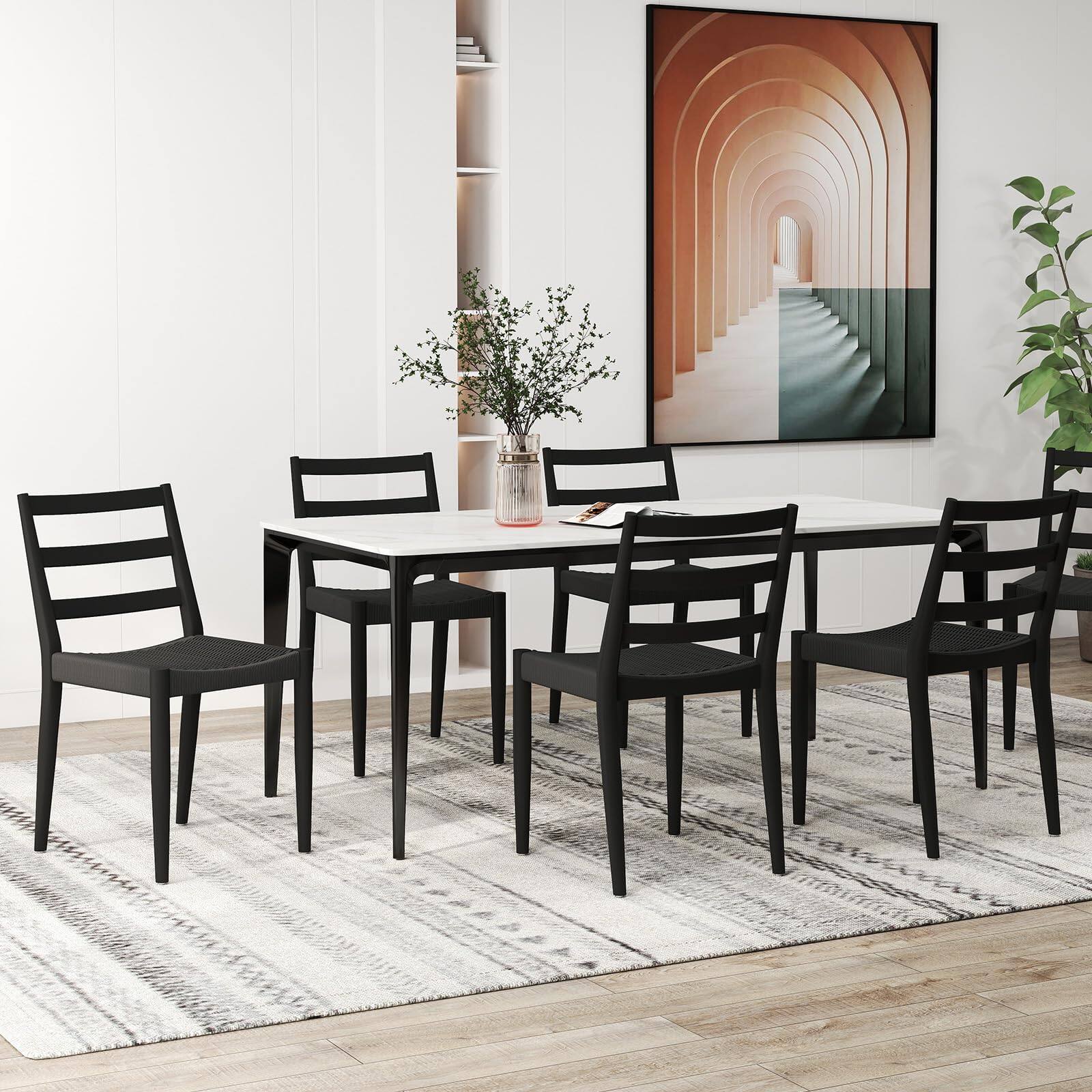 Back. Bestier - Dining Chairs with Curved Wooden Backrest, Woven Rope Seat and Solid Wood Tapered Legs - black.