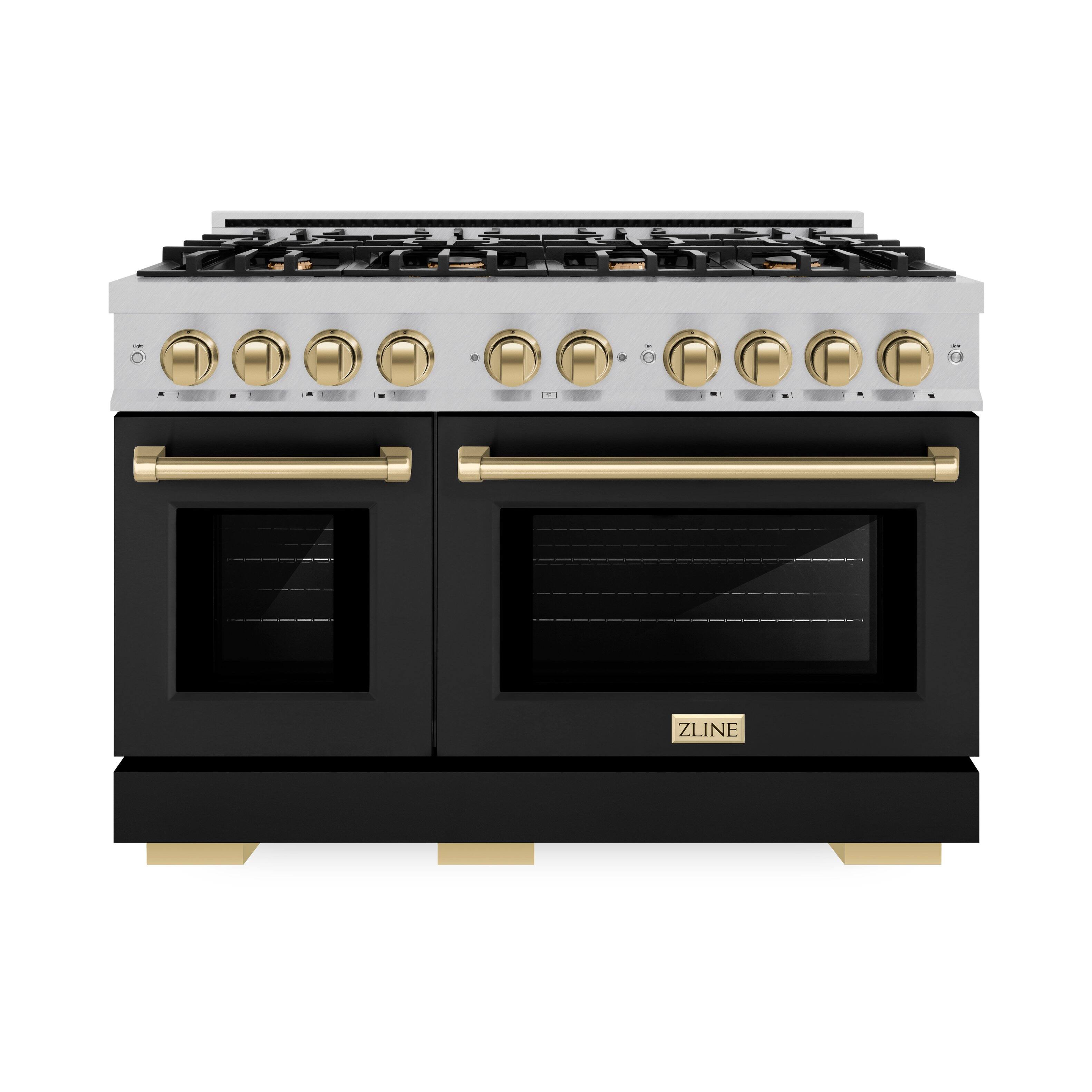 Angle. ZLINE - ZLINE Autograph 48 in. 6.7 cu. ft. Freestanding Select Satin Steel Gas Range w/ Black Doors & Bronze Accents - Satin Stainless Steel.