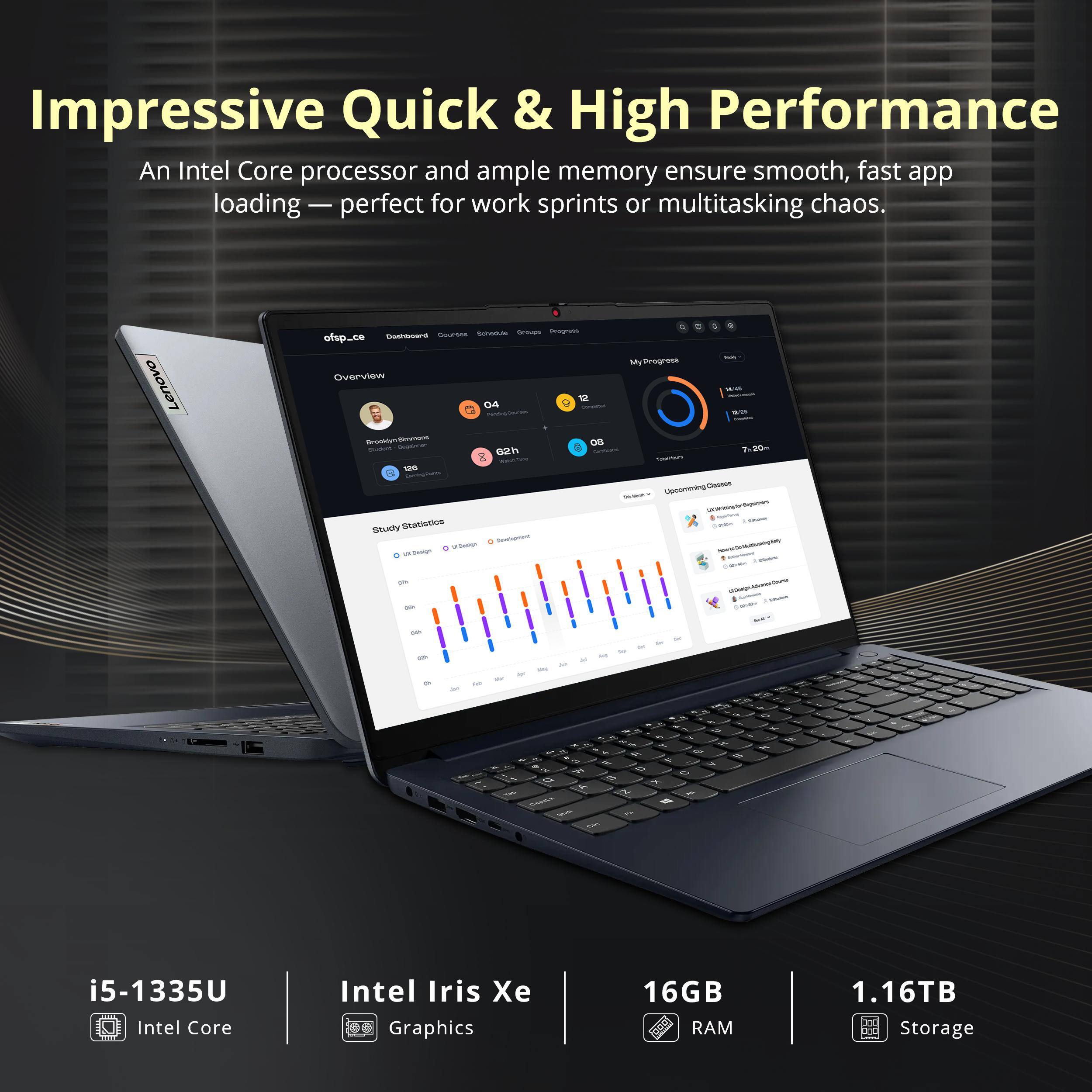 Impressive Quick & High Performance

An Intel Core processor and ample memory ensure smooth, fast app loading — perfect for work sprints or multitasking chaos.

i5-1335U Intel Core  
Intel Iris Xe Graphics  
16GB RAM  
1.16TB Storage