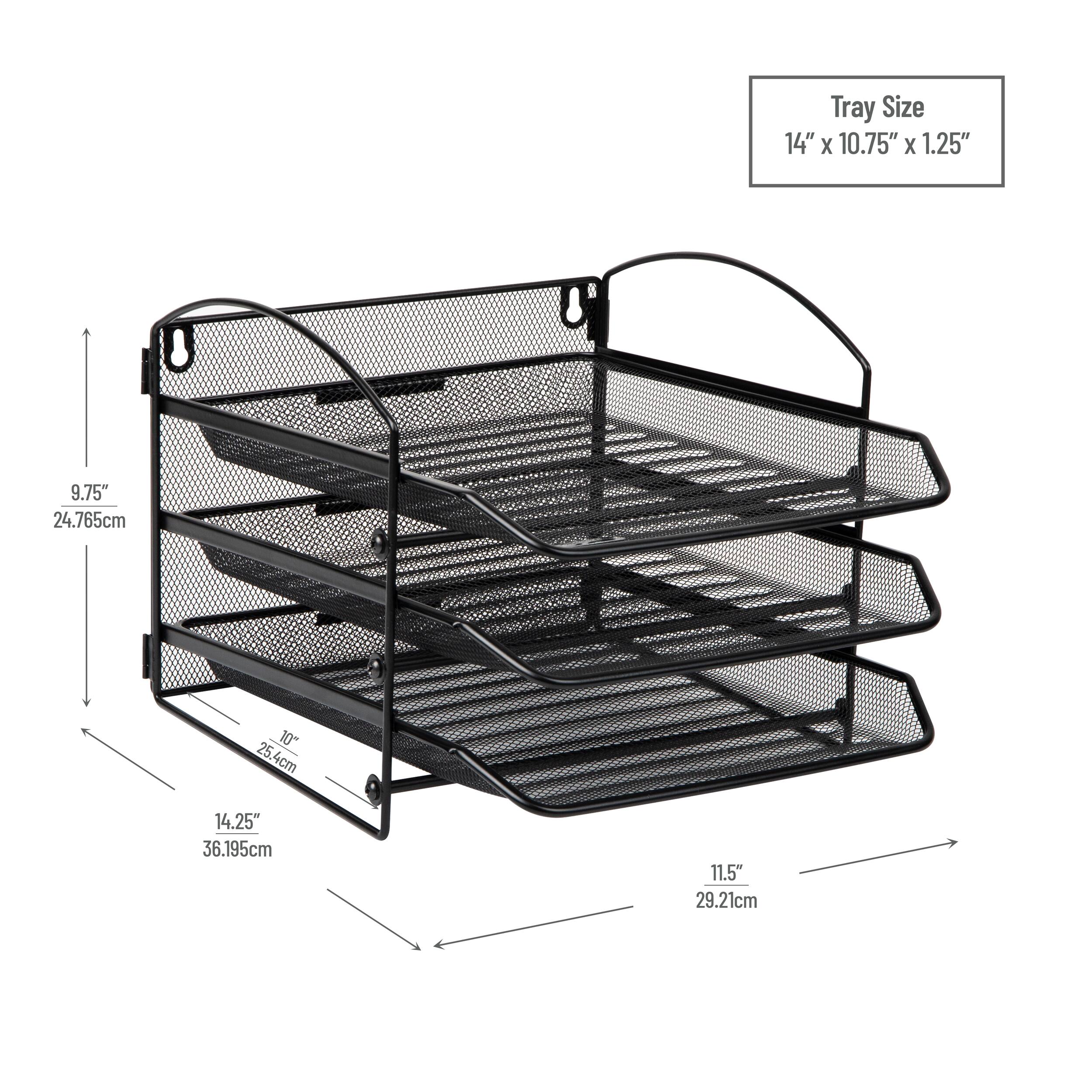 The image shows a black wire basket with a handle, which is designed to hold items like books, magazines, or other small items. The basket is open, revealing its interior. The basket measures 14" x 10.75" x 1.25" in size, with dimensions of 9.75" x 24.765cm, 10" x 25.4cm, and 14.25" x 36.195cm. The handle is made of metal and is located at the top of the basket.