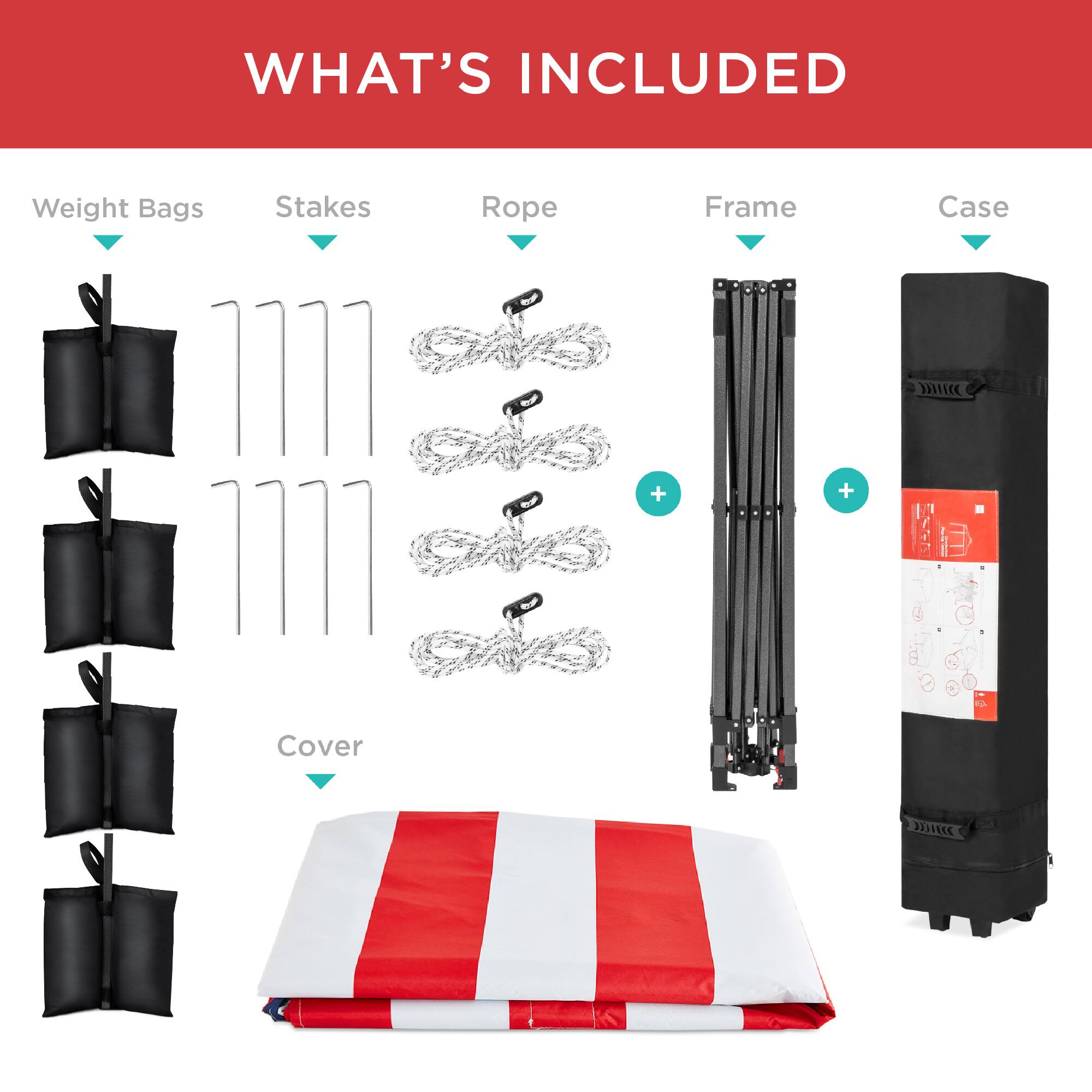 WHAT'S INCLUDED

- Weight Bags
- Stakes
- Rope
- Frame
- Case
- Cover