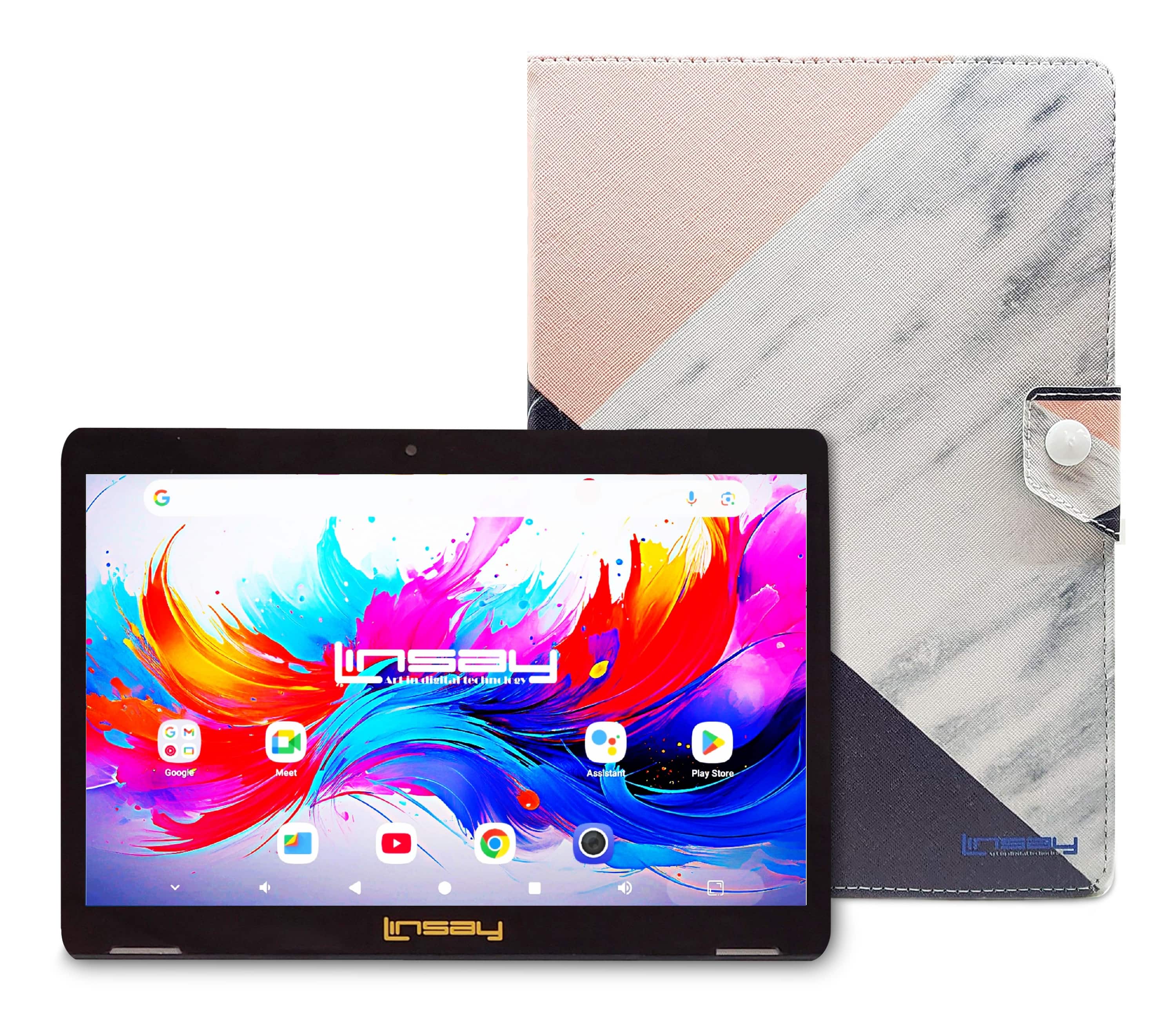 LINSAY - 10.1"Octa Core 256GB Storage Android 15 Tablet with Pink White Marble Case - Black