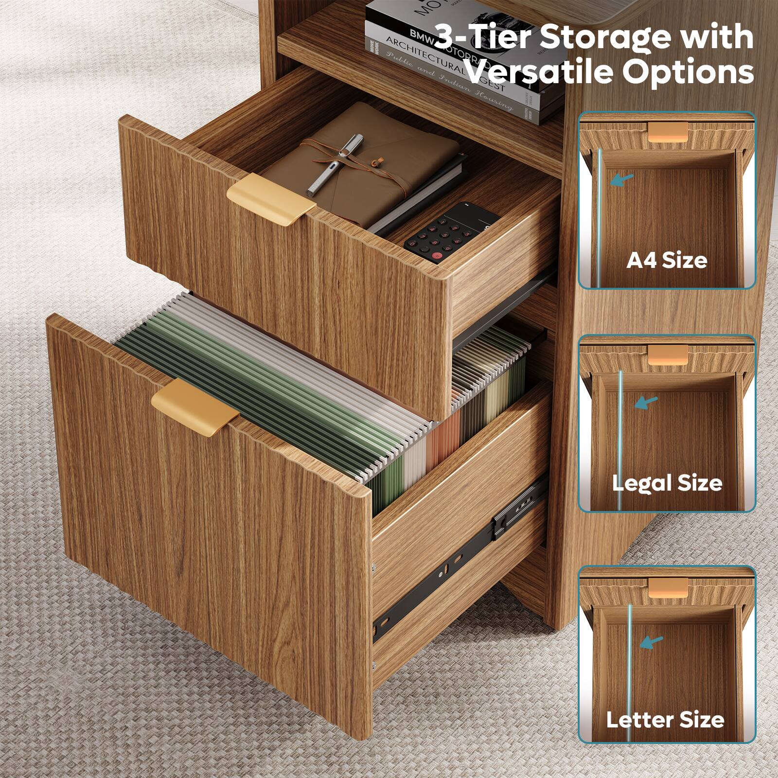 1 MO BMW 3-Tier Storage with ARCHITECTURAL Pulidida amVersa MOTORRAL STORR Versatile ad Options  
Tnlisn Ta0 Housing a - - E a . A4 Size Legal Size Letter Size