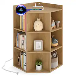 Costway - 3-Tier Kids Corner Toy Storage Organizer with USB Ports and Outlets 9 Cubbies - Natural