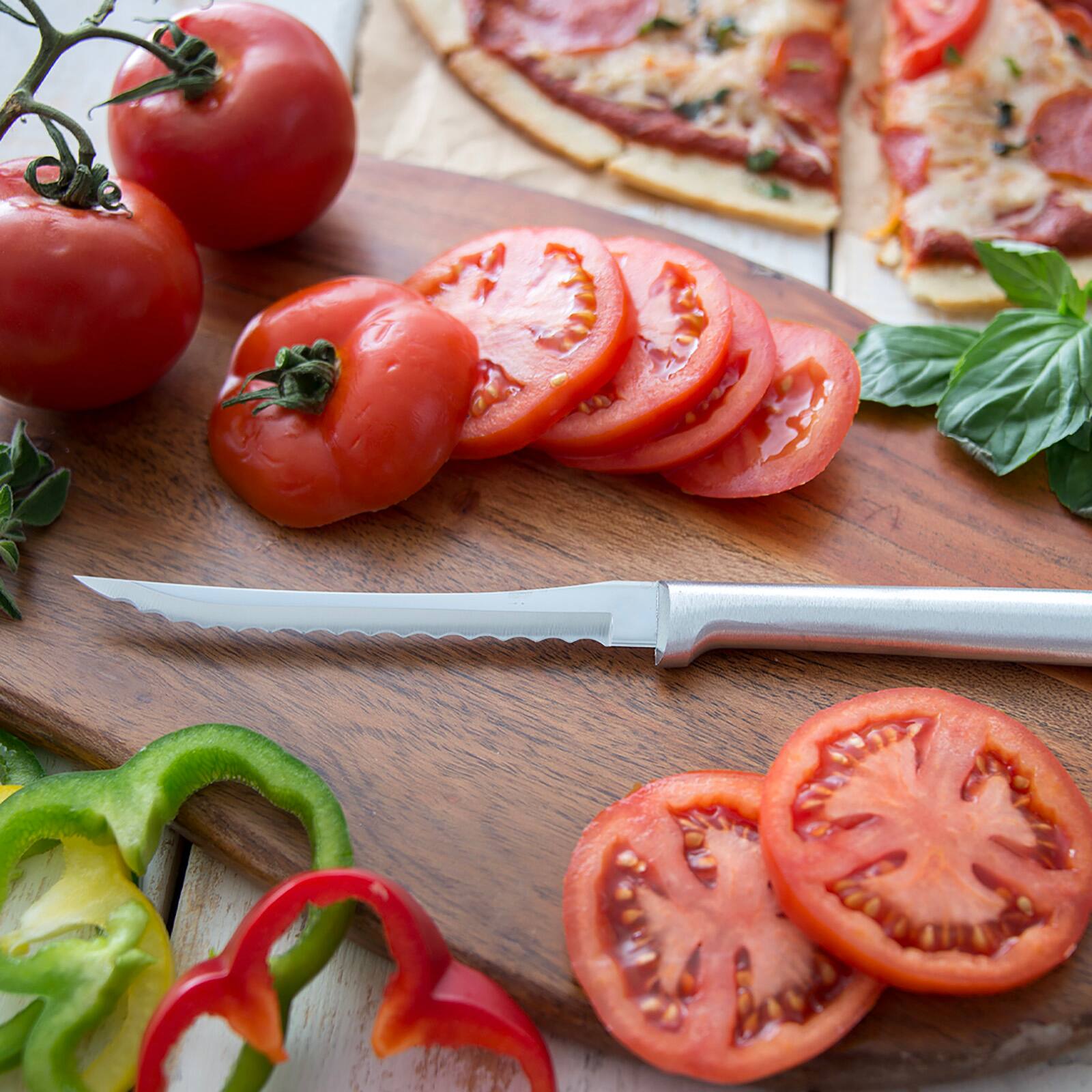 Alt View 6. Rada - Cutlery 5.25-Inch Cheese Knife & 5-Inch Tomato Slicer, Stainless Steel Serrated Blades, Silver Handles - Silver.