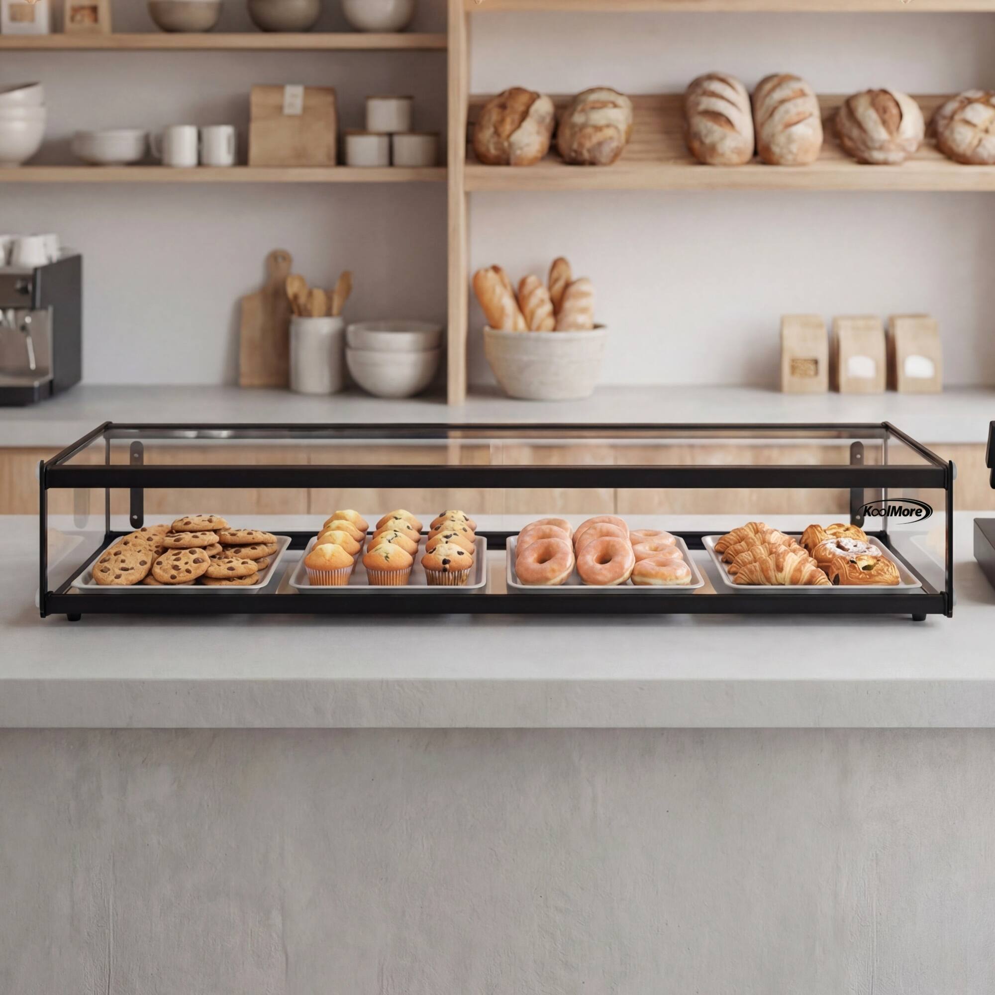 Left. Koolmore - 2.3 Cu Ft Slim  Flat Dry  Bakery Display Case with  Black Aluminum Accents  KM-DC-24SBK - Black.